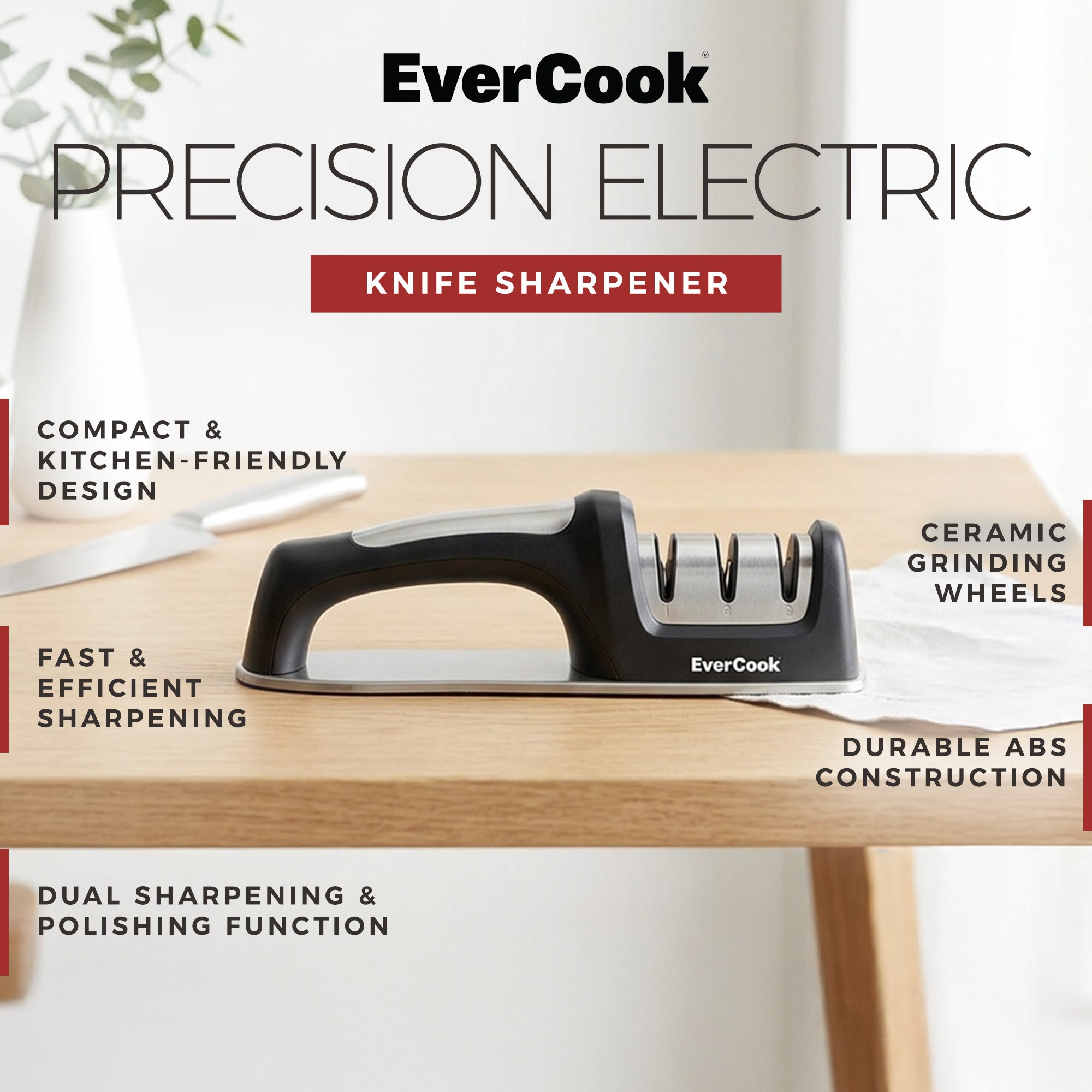 EverCook Precision Knife Sharpener for Kitchen Knives, 3-Stage Diamond Wheels - VMInnovations