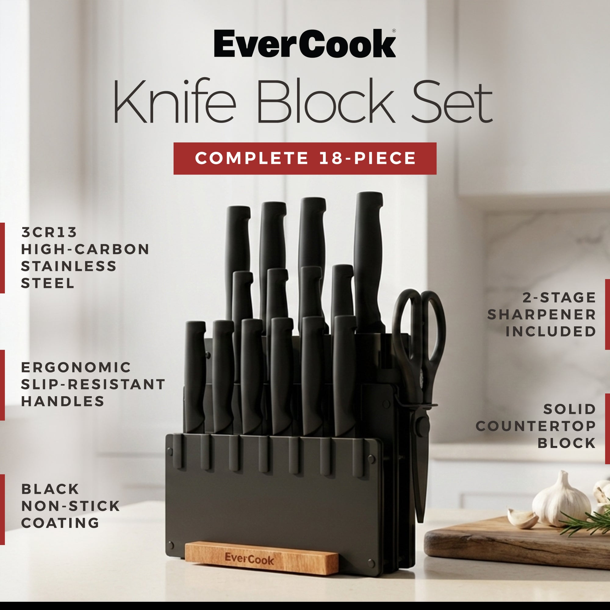 EverCook 18-Piece Knife Block Set, Nonstick Coated Blades, Black PP Handles - VMInnovations