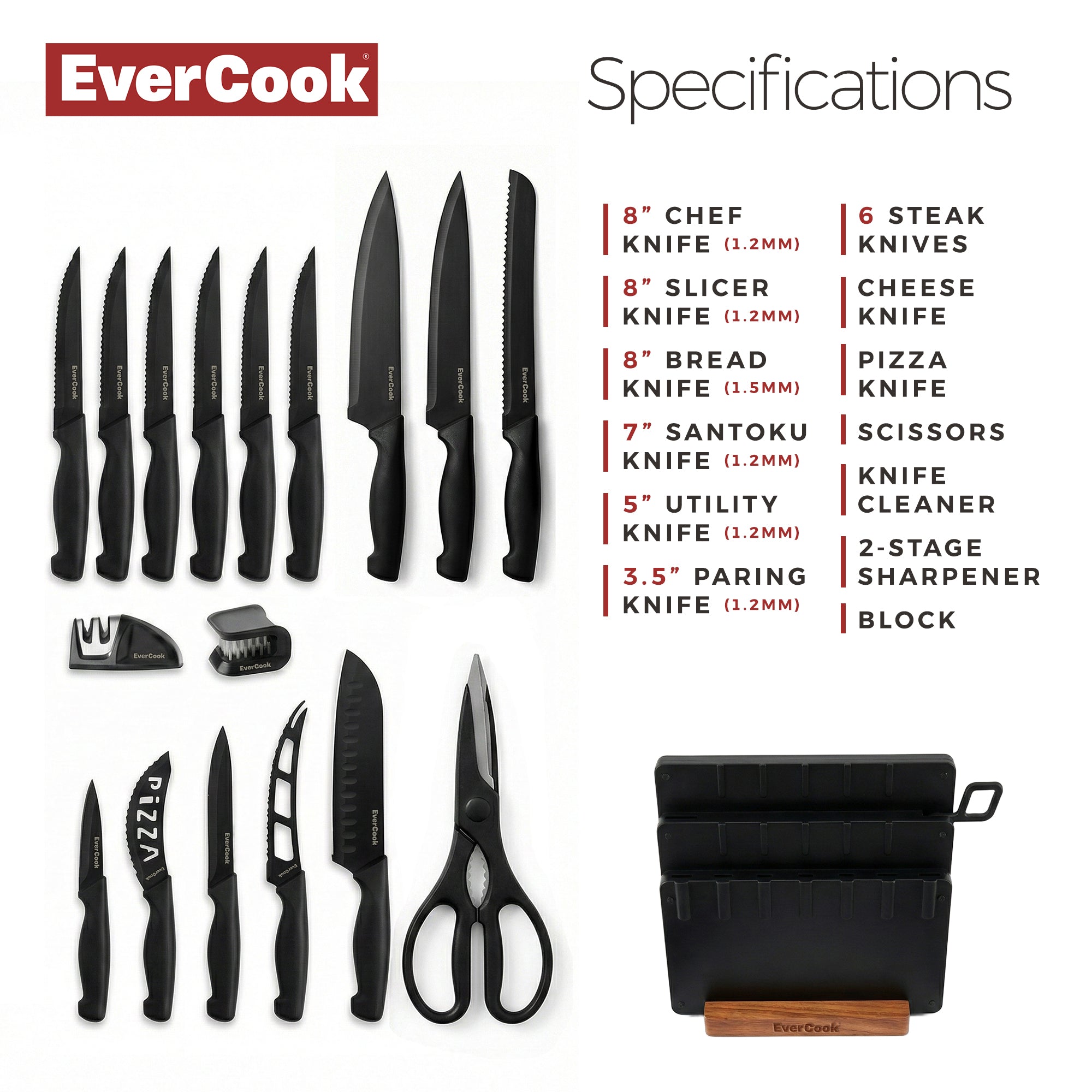 EverCook 18-Piece Knife Block Set, Nonstick Coated Blades, Black PP Handles - VMInnovations