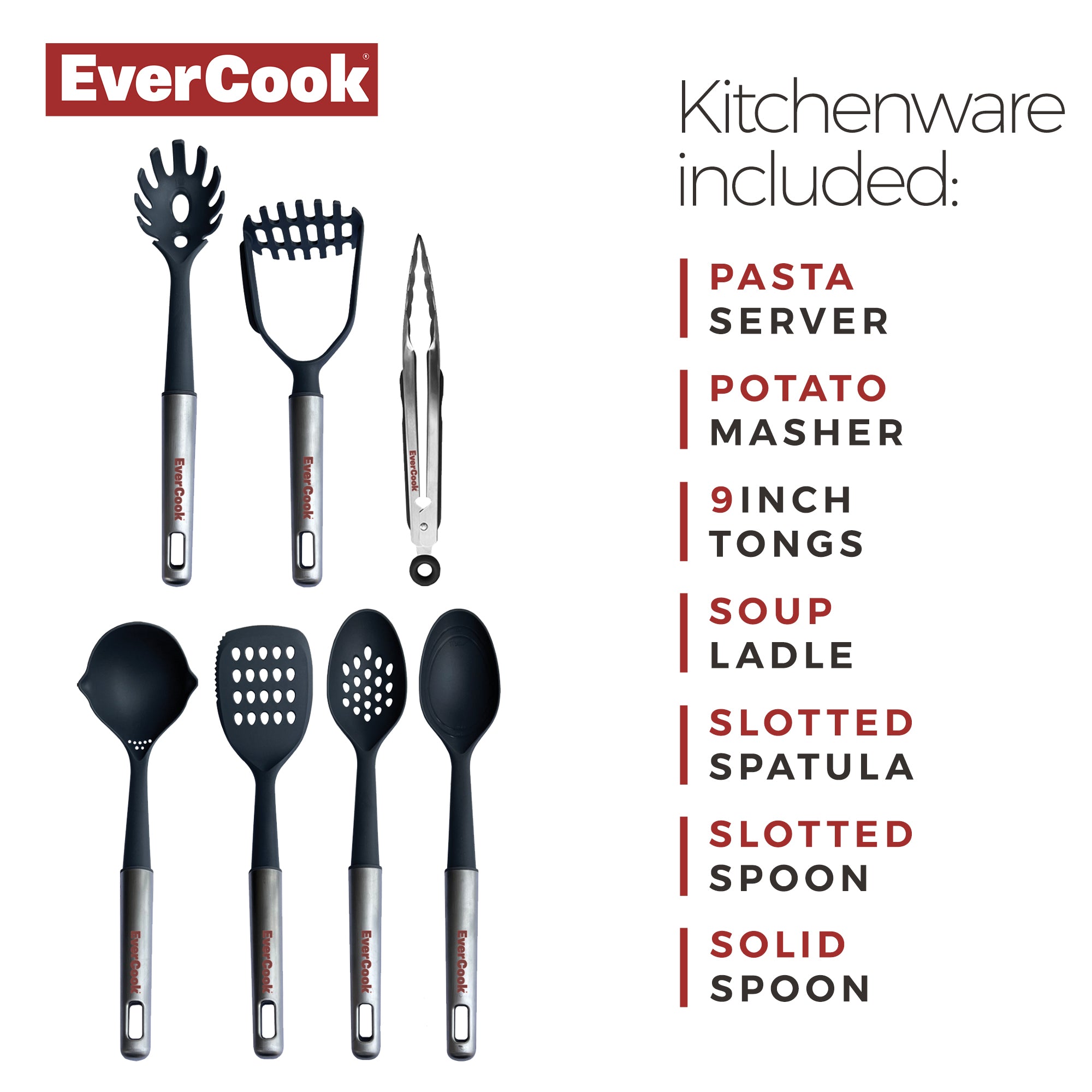 EverCook 7-Piece Kitchen Utensil Set with Stainless Steel Handles, Black/Silver - VMInnovations