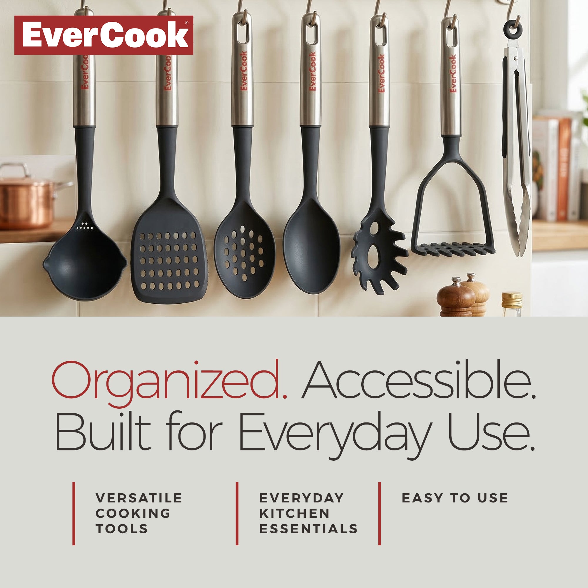 EverCook 7-Piece Kitchen Utensil Set with Stainless Steel Handles, Black/Silver - VMInnovations