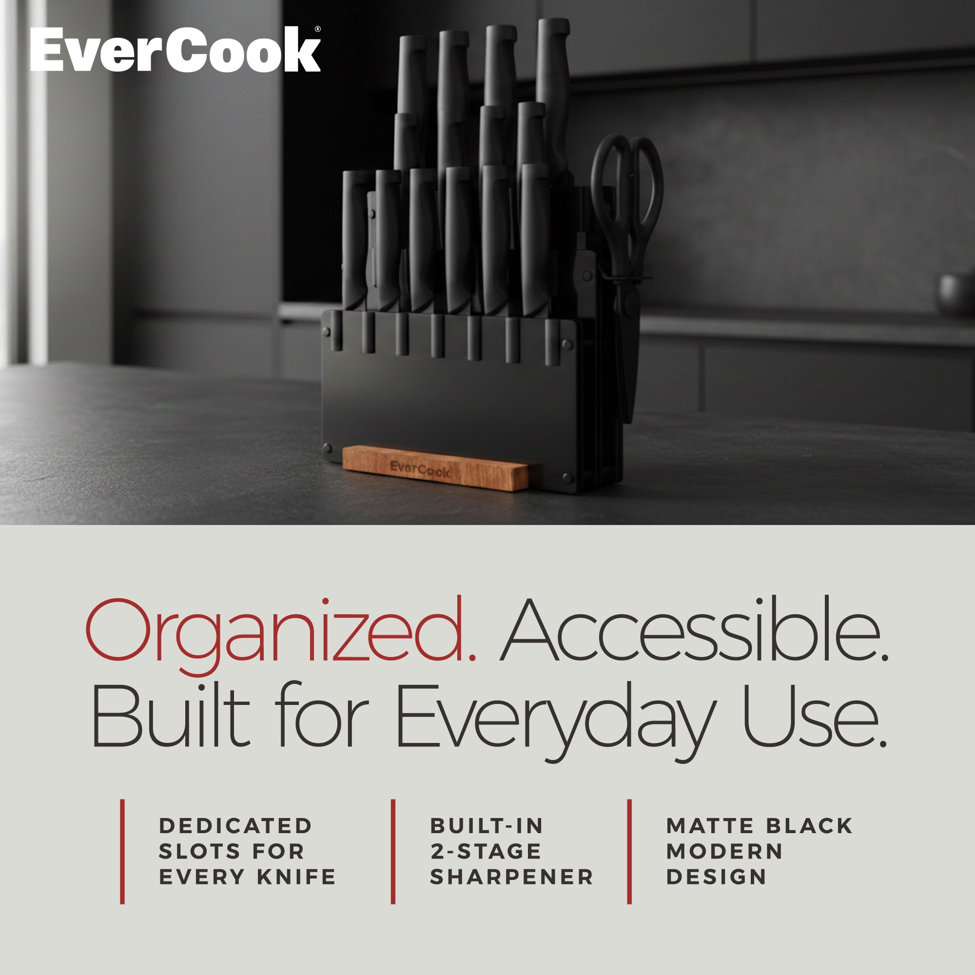 EverCook 18-Piece Knife Block Set, Nonstick Coated Blades, Black PP Handles - VMInnovations