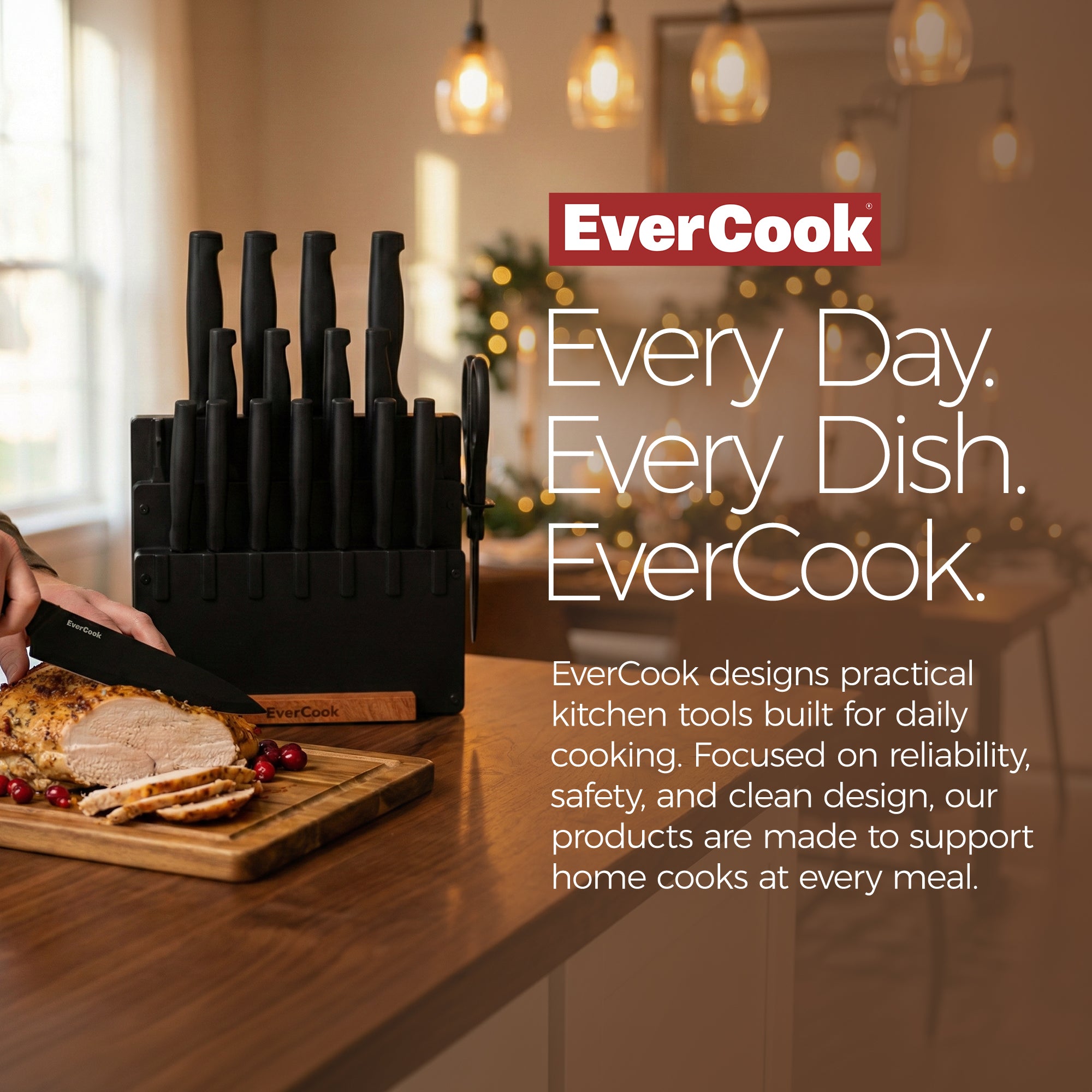 EverCook 18-Piece Knife Block Set, Nonstick Coated Blades, Black PP Handles - VMInnovations