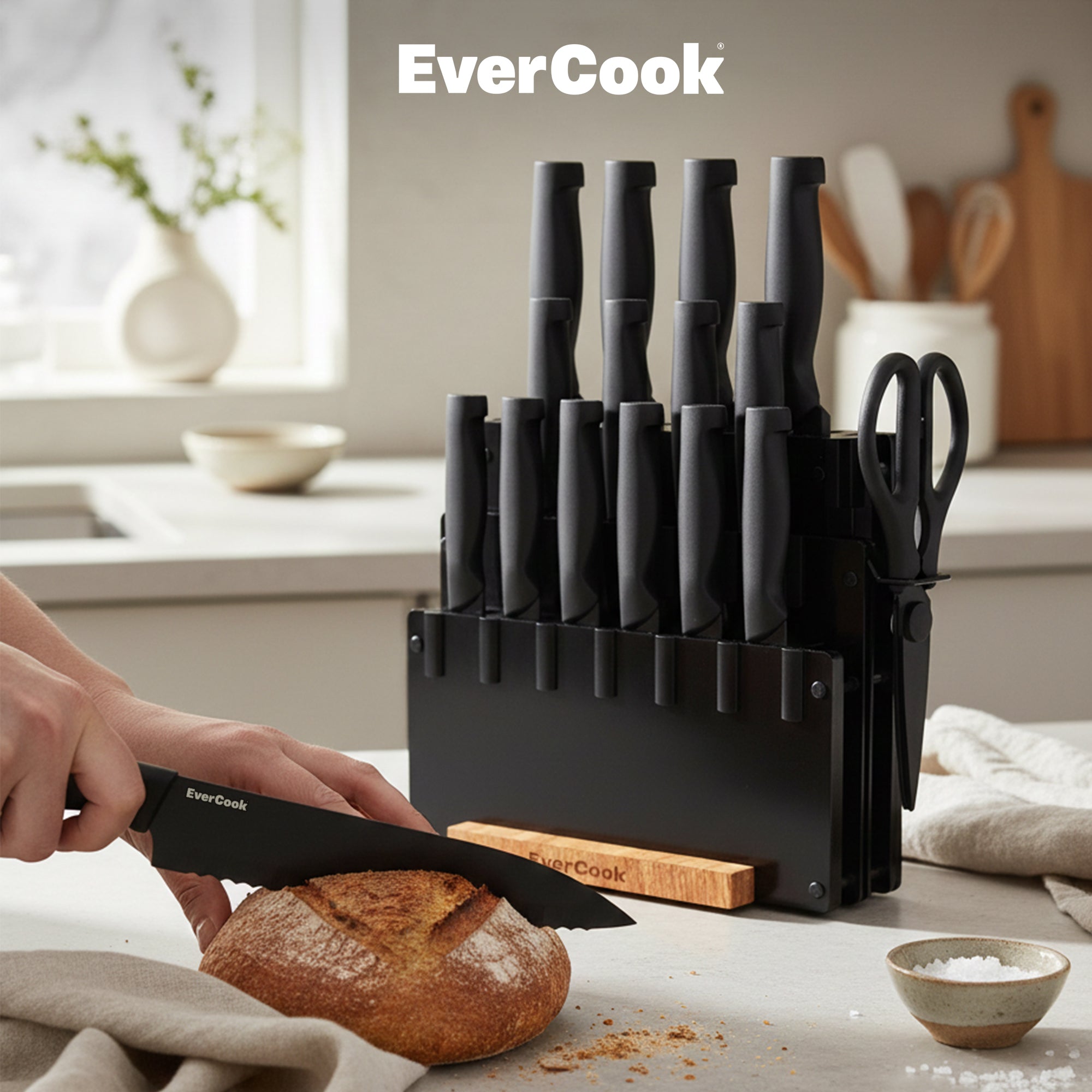 EverCook 18-Piece Knife Block Set, Nonstick Coated Blades, Black PP Handles - VMInnovations