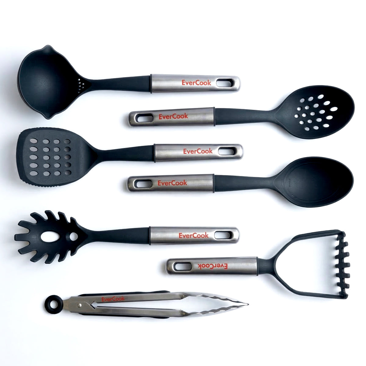 EverCook 7-Piece Kitchen Utensil Set with Stainless Steel Handles, Black/Silver