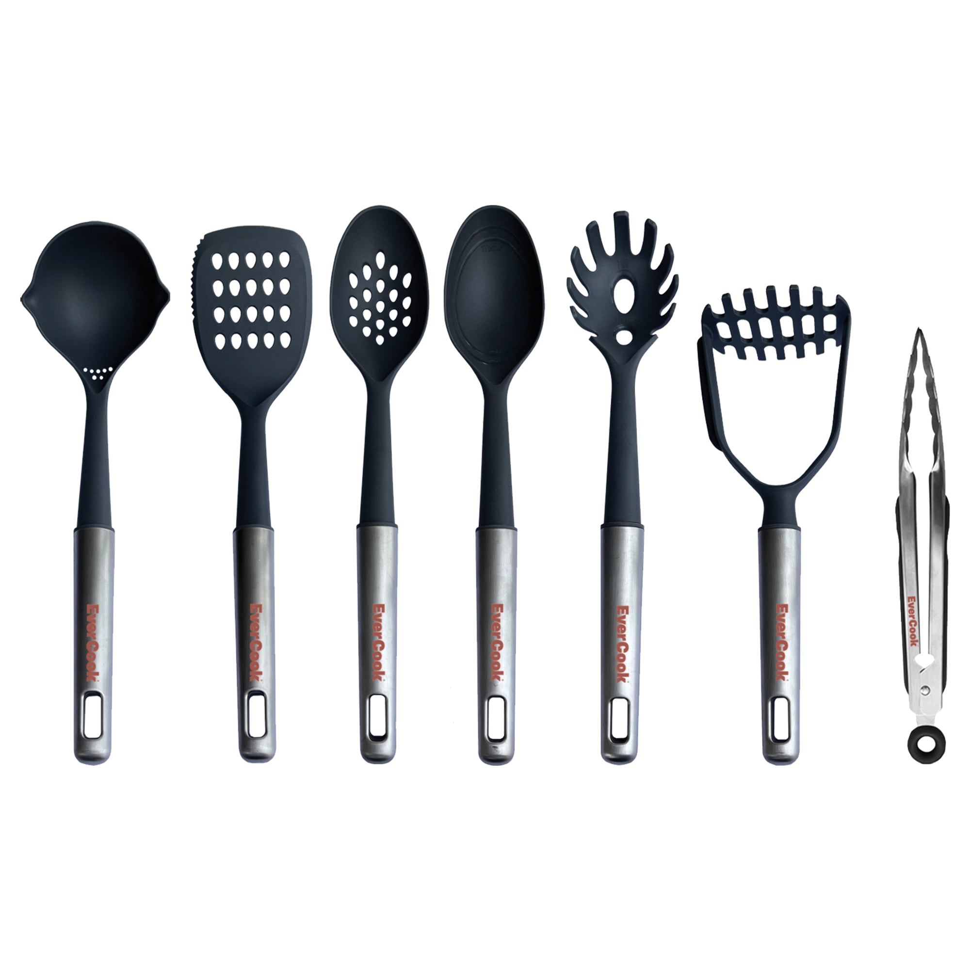 EverCook 7-Piece Kitchen Utensil Set with Stainless Steel Handles, Black/Silver - VMInnovations
