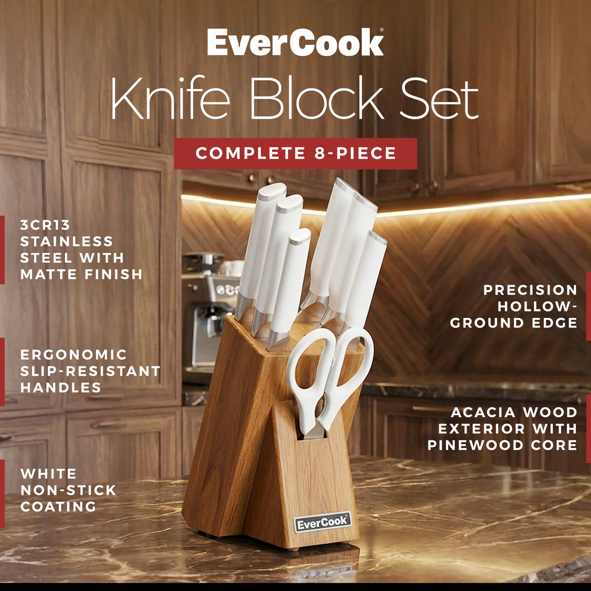 EverCook 8Pc Knife Block Set, Stainless Blade, White Handle, Acacia Wood Block - VMInnovations