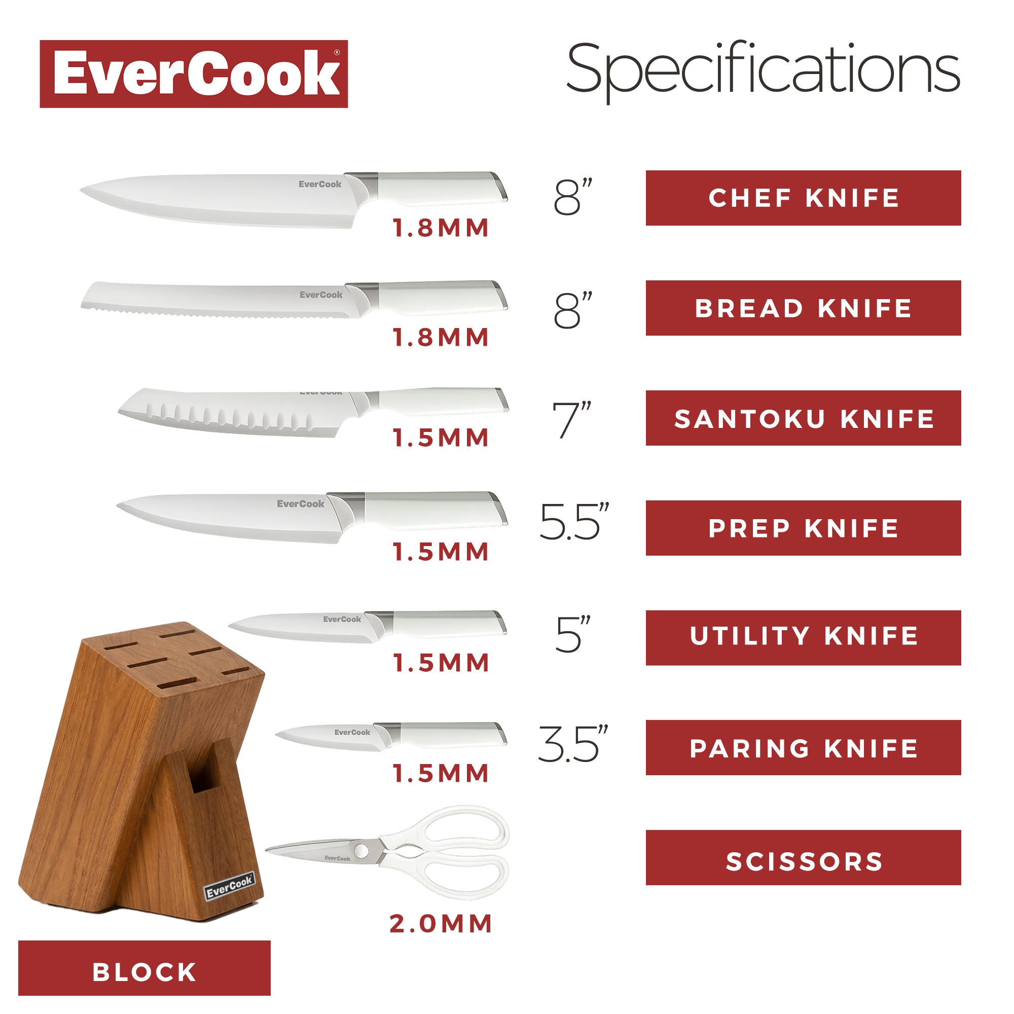 EverCook 8Pc Knife Block Set, Stainless Blade, White Handle, Acacia Wood Block - VMInnovations