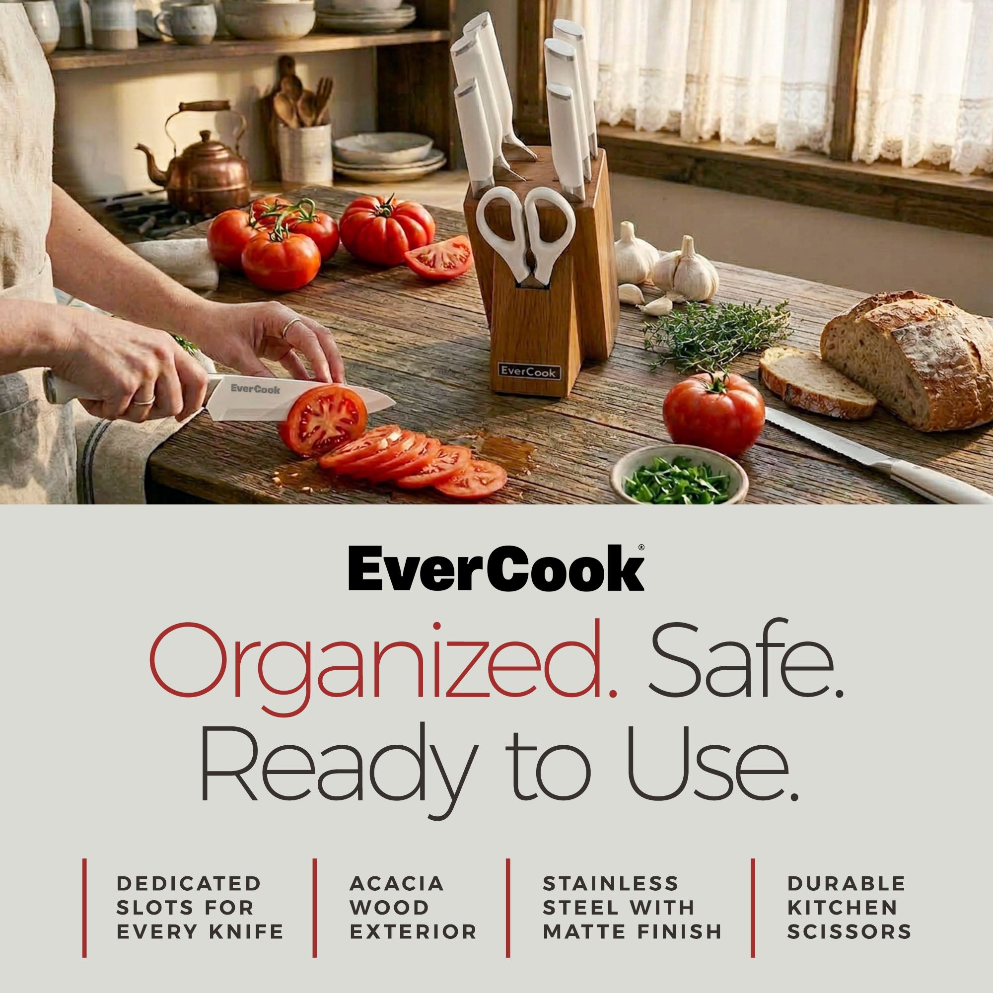 EverCook 8Pc Knife Block Set, Stainless Blade, White Handle, Acacia Wood Block - VMInnovations