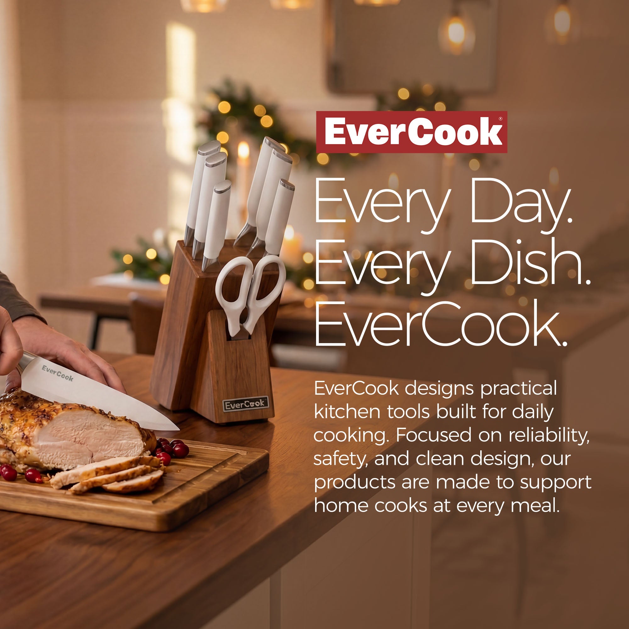 EverCook 8Pc Knife Block Set, Stainless Blade, White Handle, Acacia Wood Block - VMInnovations