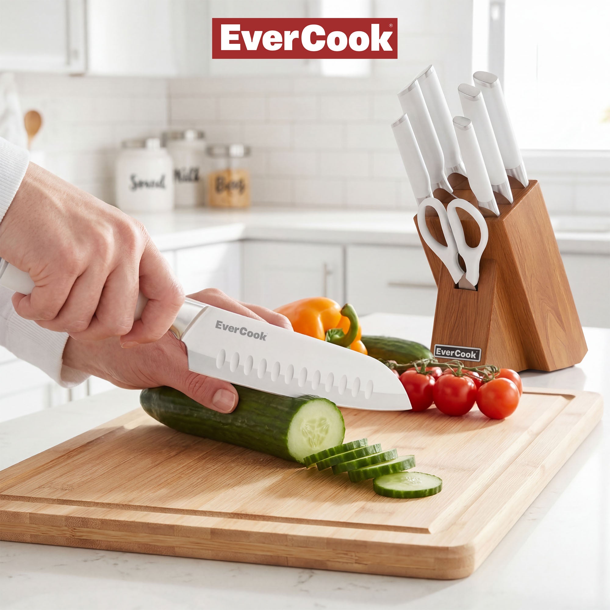 EverCook 8Pc Knife Block Set, Stainless Blade, White Handle, Acacia Wood Block - VMInnovations