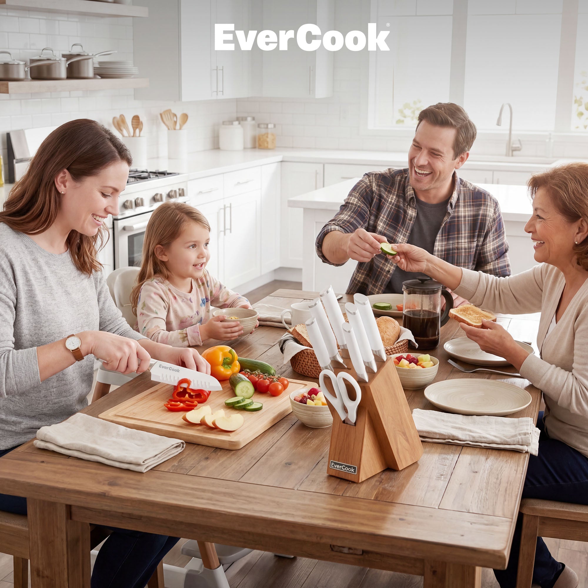 EverCook 8Pc Knife Block Set, Stainless Blade, White Handle, Acacia Wood Block - VMInnovations