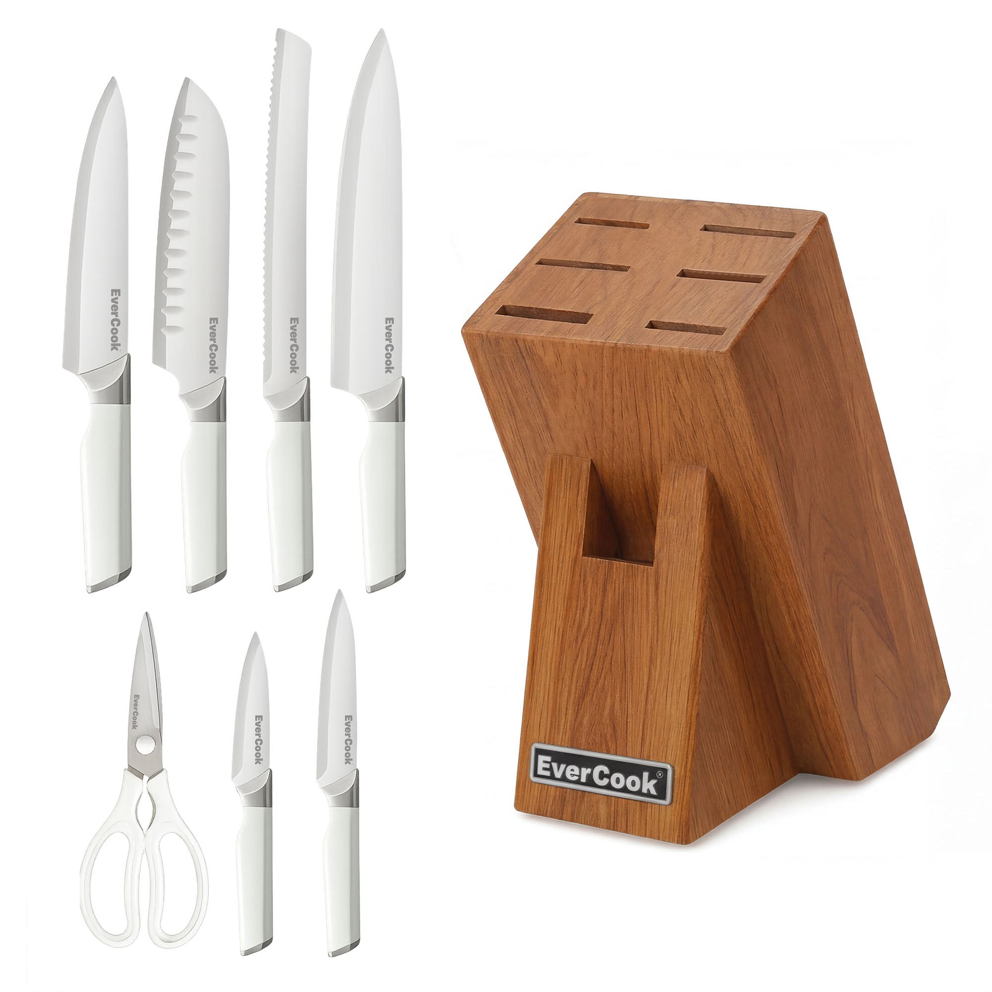 EverCook 8Pc Knife Block Set, Stainless Blade, White Handle, Acacia Wood Block - VMInnovations