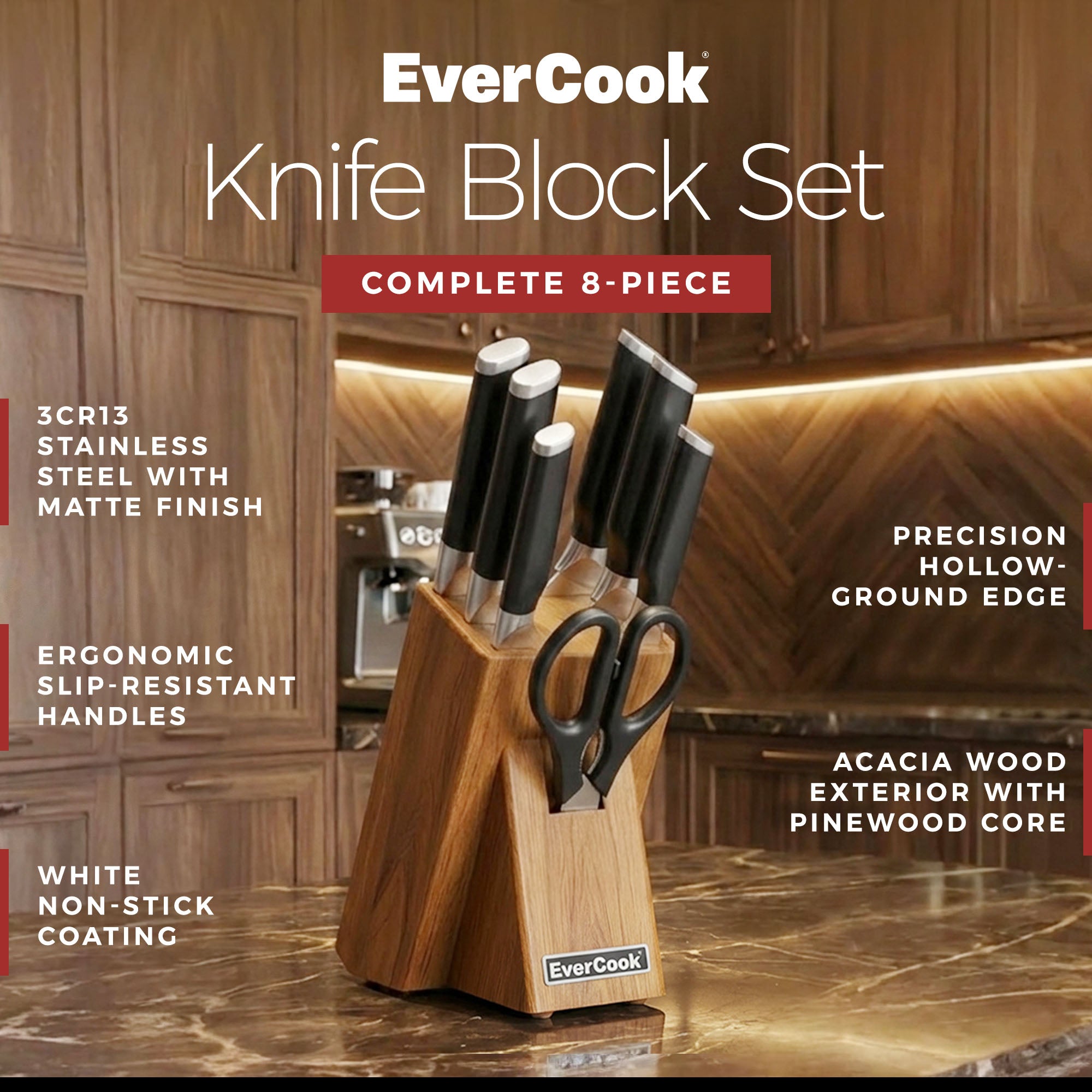 EverCook 8Pc Knife Block Set, Stainless Blade, Black Handle, Acacia Wood Block - VMInnovations