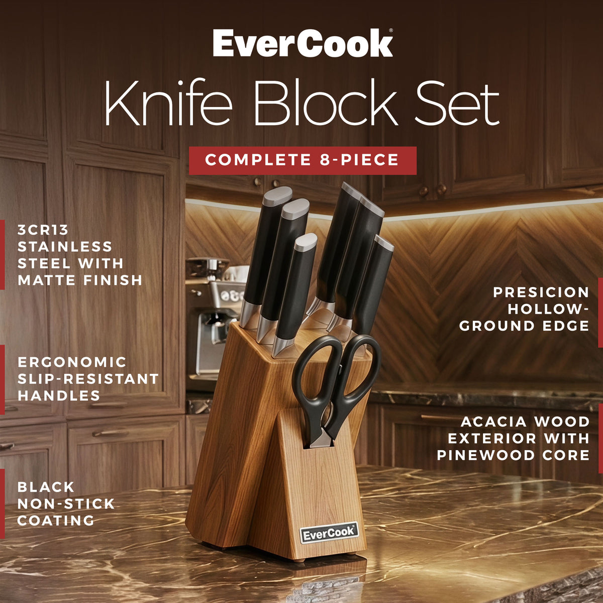 EverCook 8Pc Knife Block Set, Stainless Blade, Black Handle, Acacia Wood Block - VMInnovations