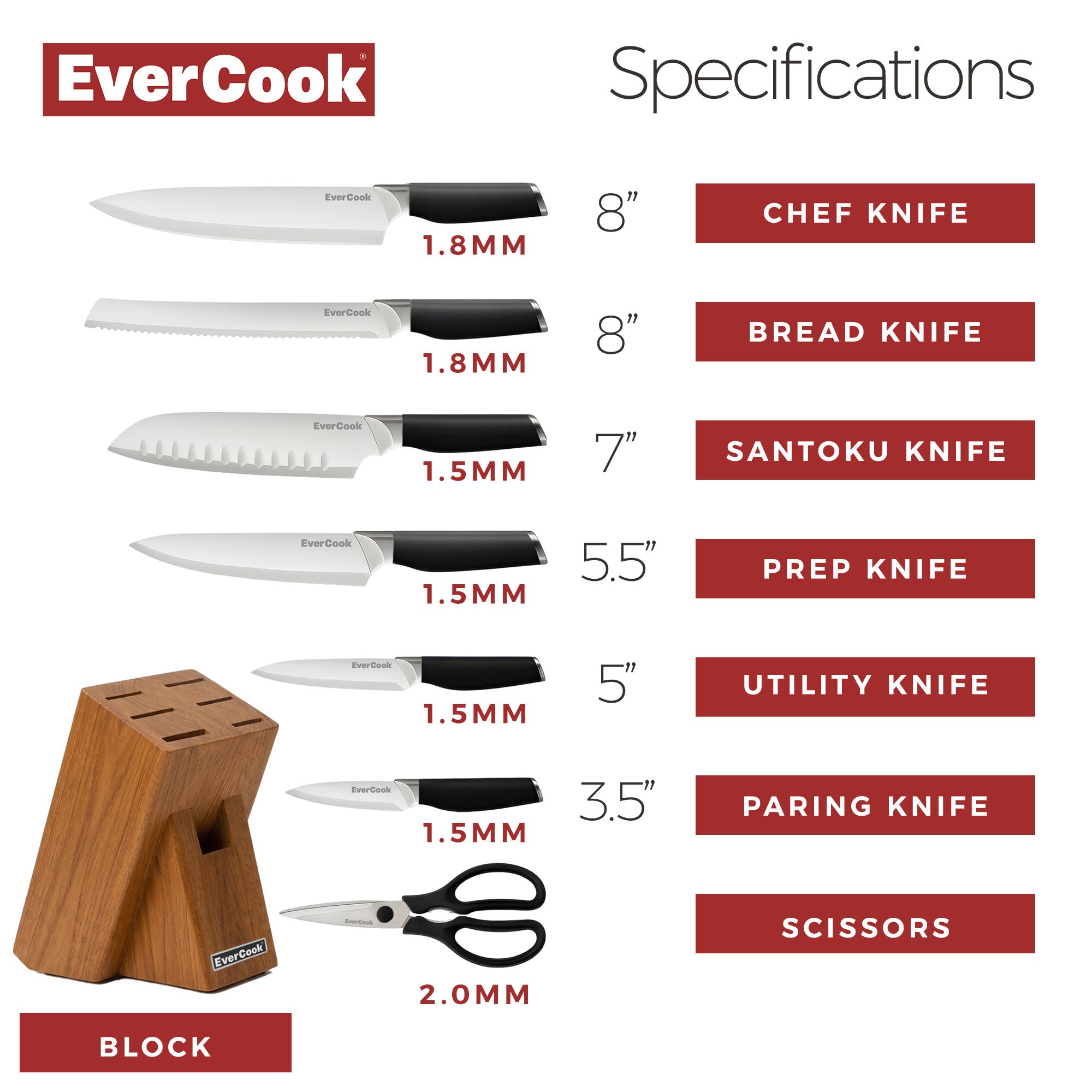 EverCook 8Pc Knife Block Set, Stainless Blade, Black Handle, Acacia Wood Block - VMInnovations
