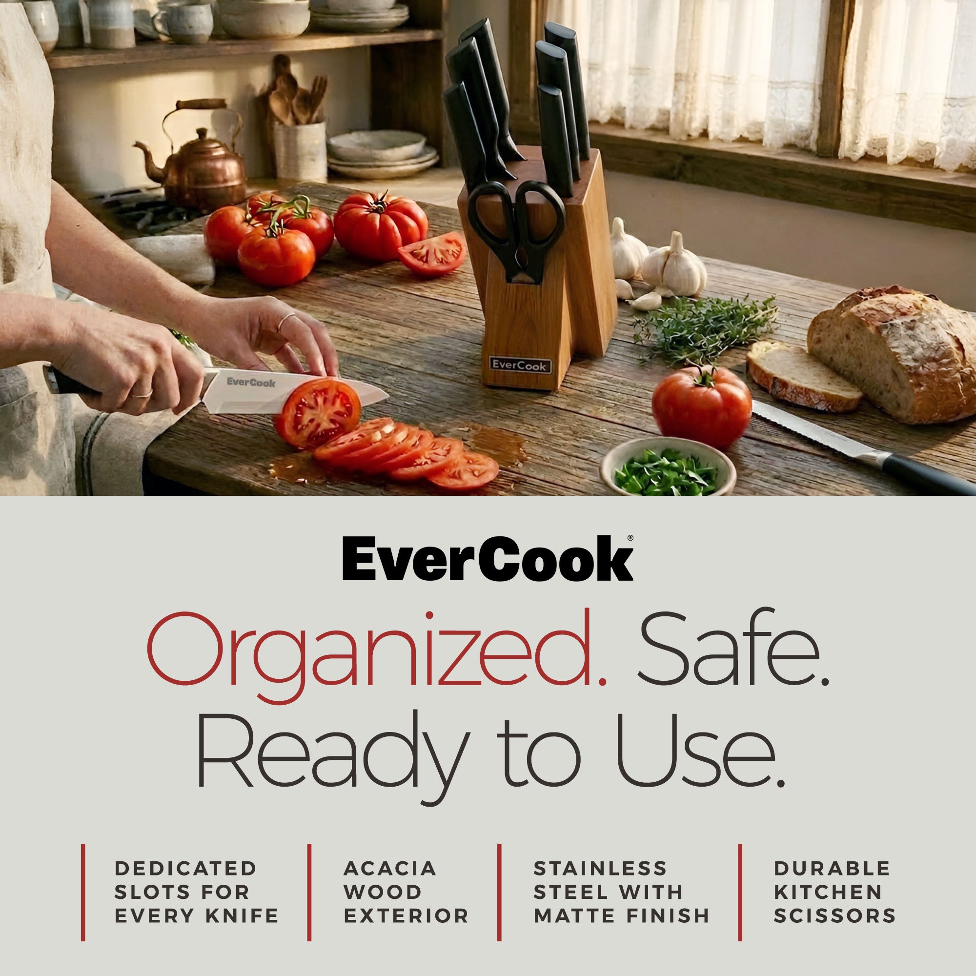 EverCook 8Pc Knife Block Set, Stainless Blade, Black Handle, Acacia Wood Block - VMInnovations