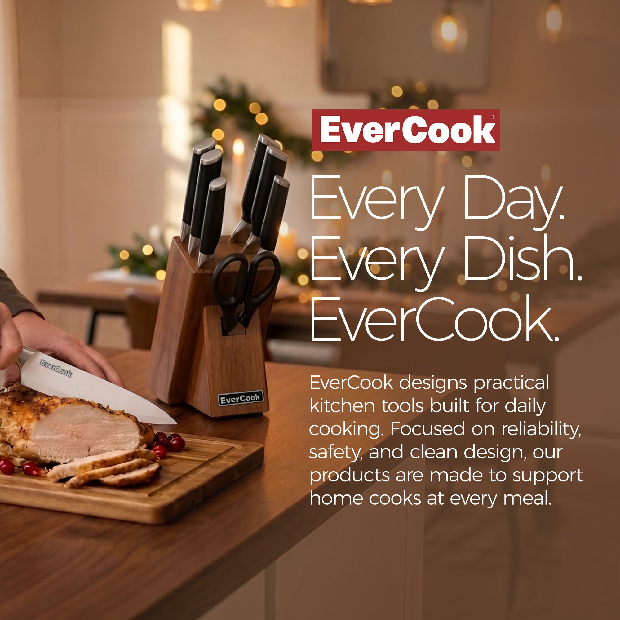 EverCook 8Pc Knife Block Set, Stainless Blade, Black Handle, Acacia Wood Block - VMInnovations