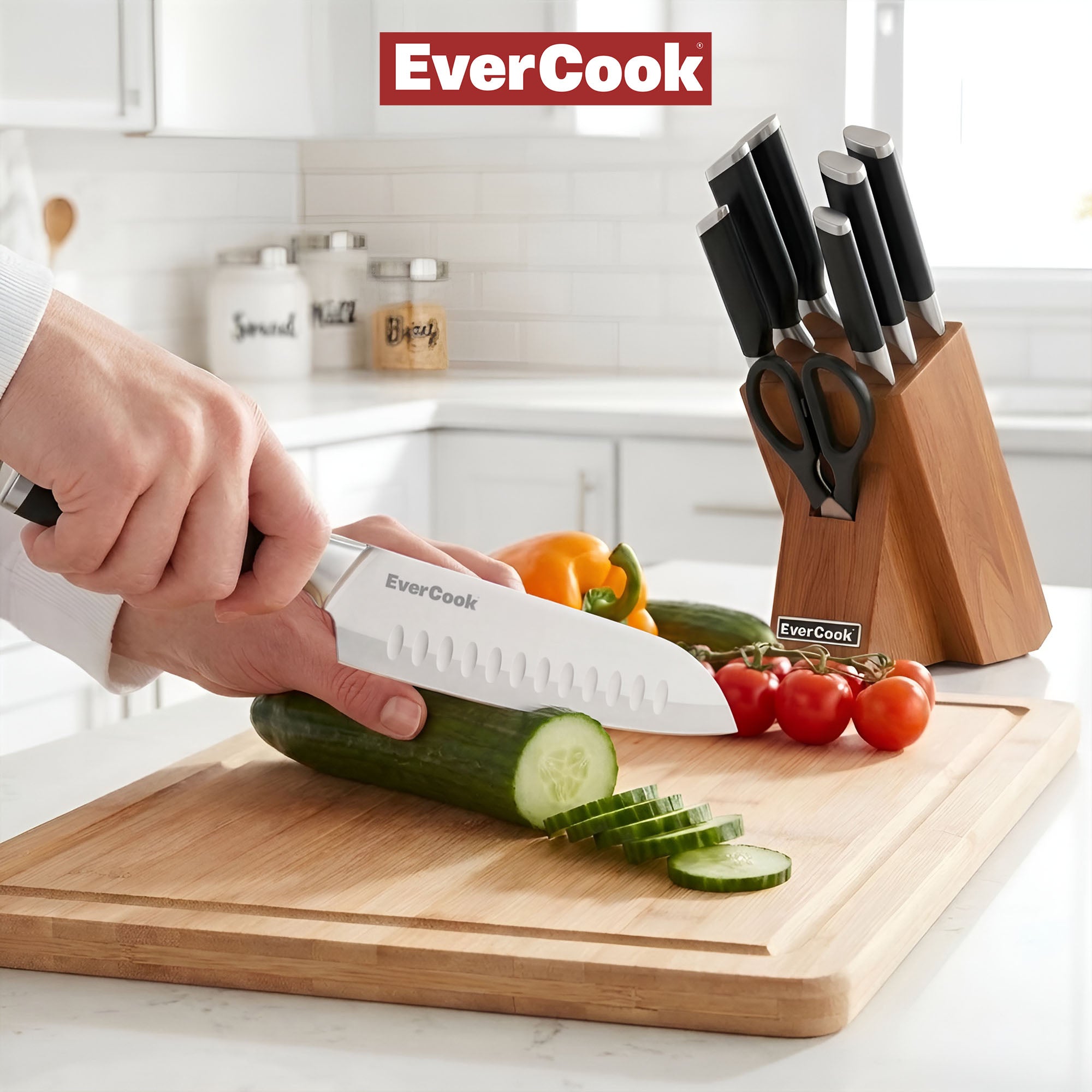 EverCook 8Pc Knife Block Set, Stainless Blade, Black Handle, Acacia Wood Block - VMInnovations