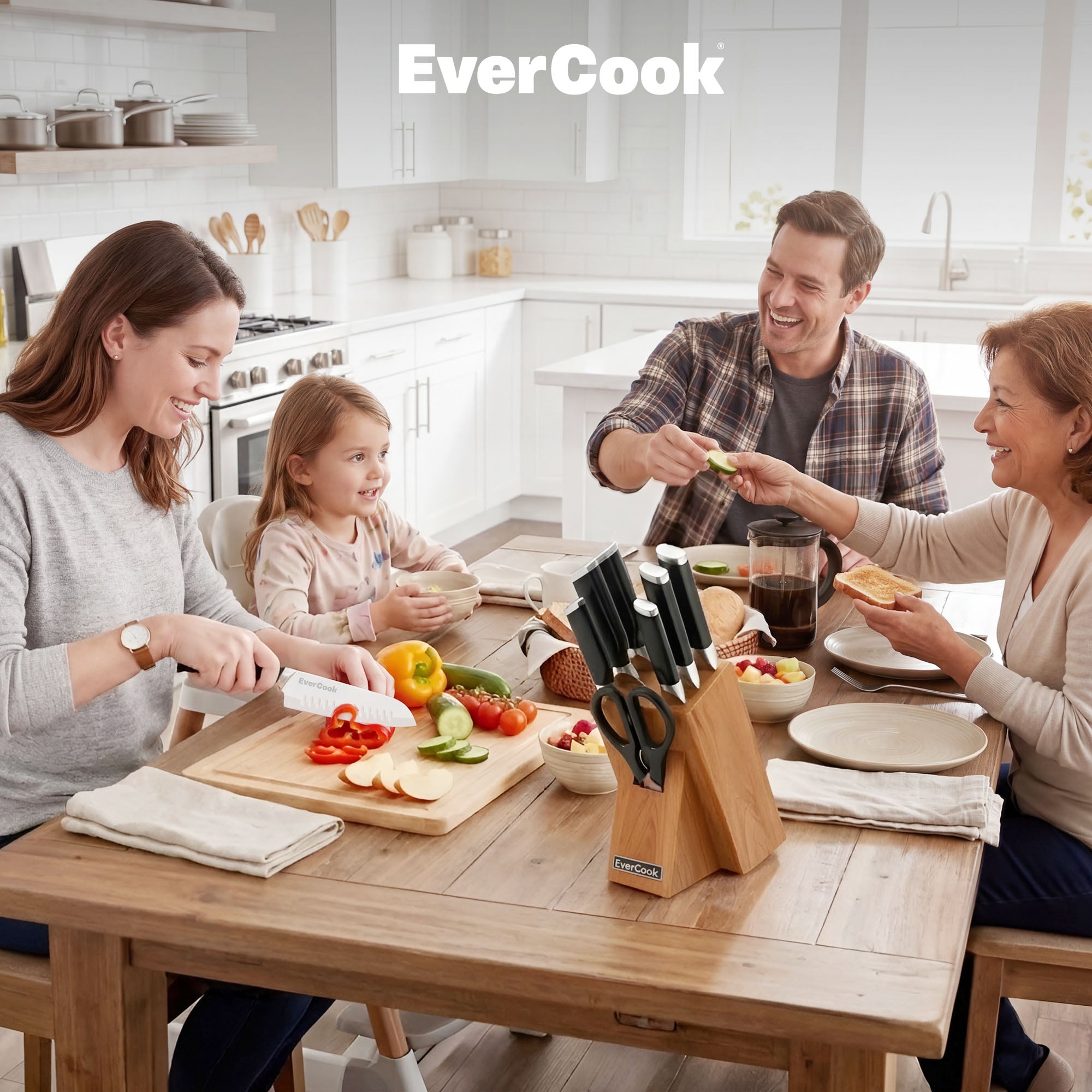 EverCook 8Pc Knife Block Set, Stainless Blade, Black Handle, Acacia Wood Block - VMInnovations