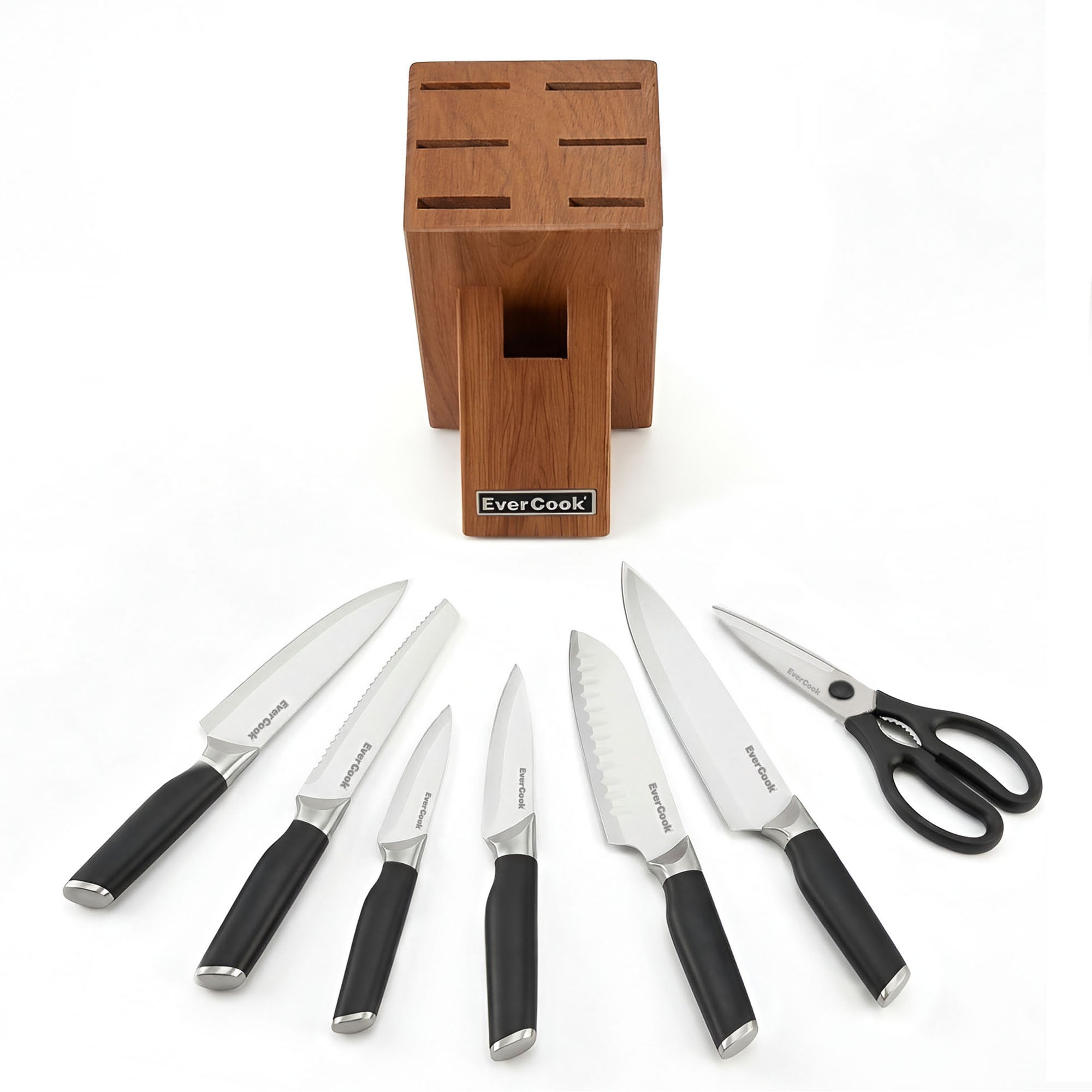 EverCook 8Pc Knife Block Set, Stainless Blade, Black Handle, Acacia Wood Block - VMInnovations