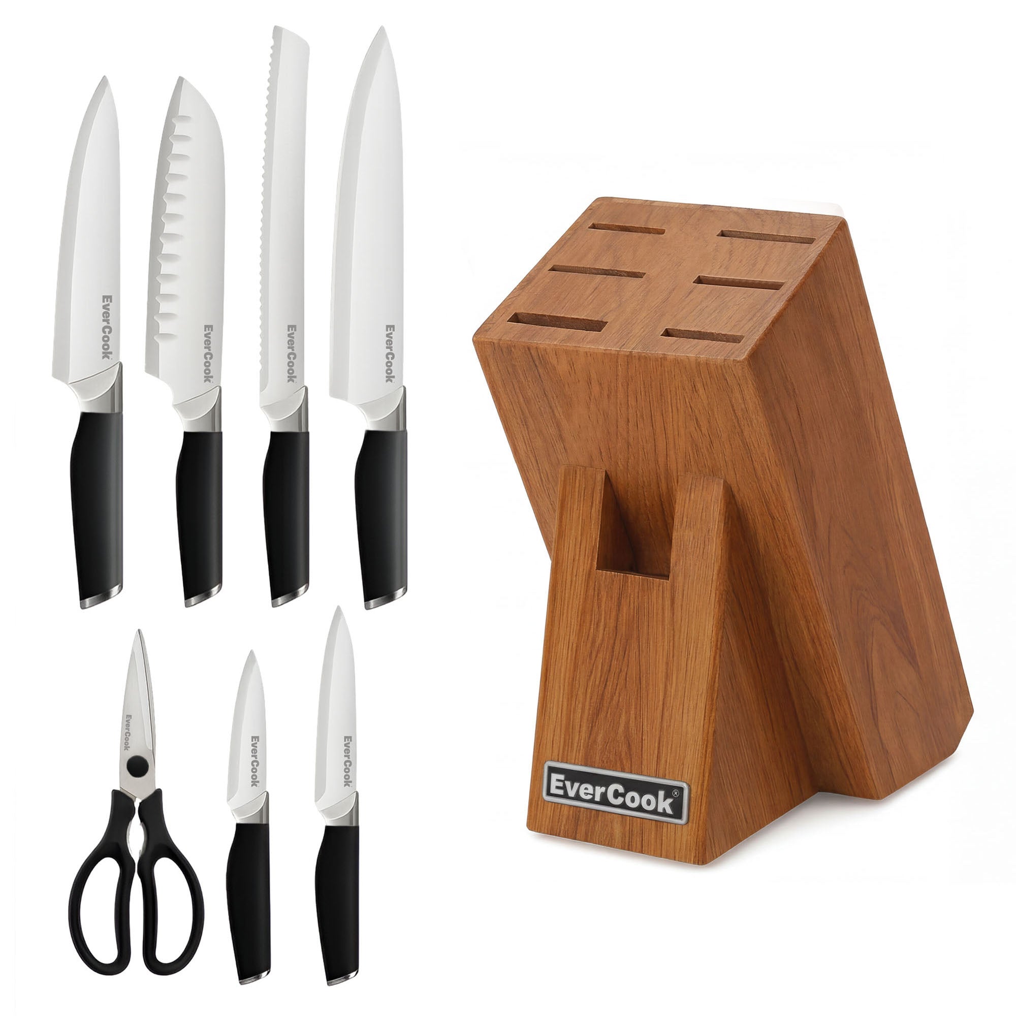 EverCook 8Pc Knife Block Set, Stainless Blade, Black Handle, Acacia Wood Block - VMInnovations