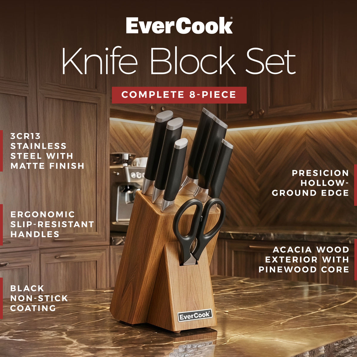 EverCook 8Pc Knife Block Set, Black Matte Blade, Black Handle, Acacia Wood Block - VMInnovations