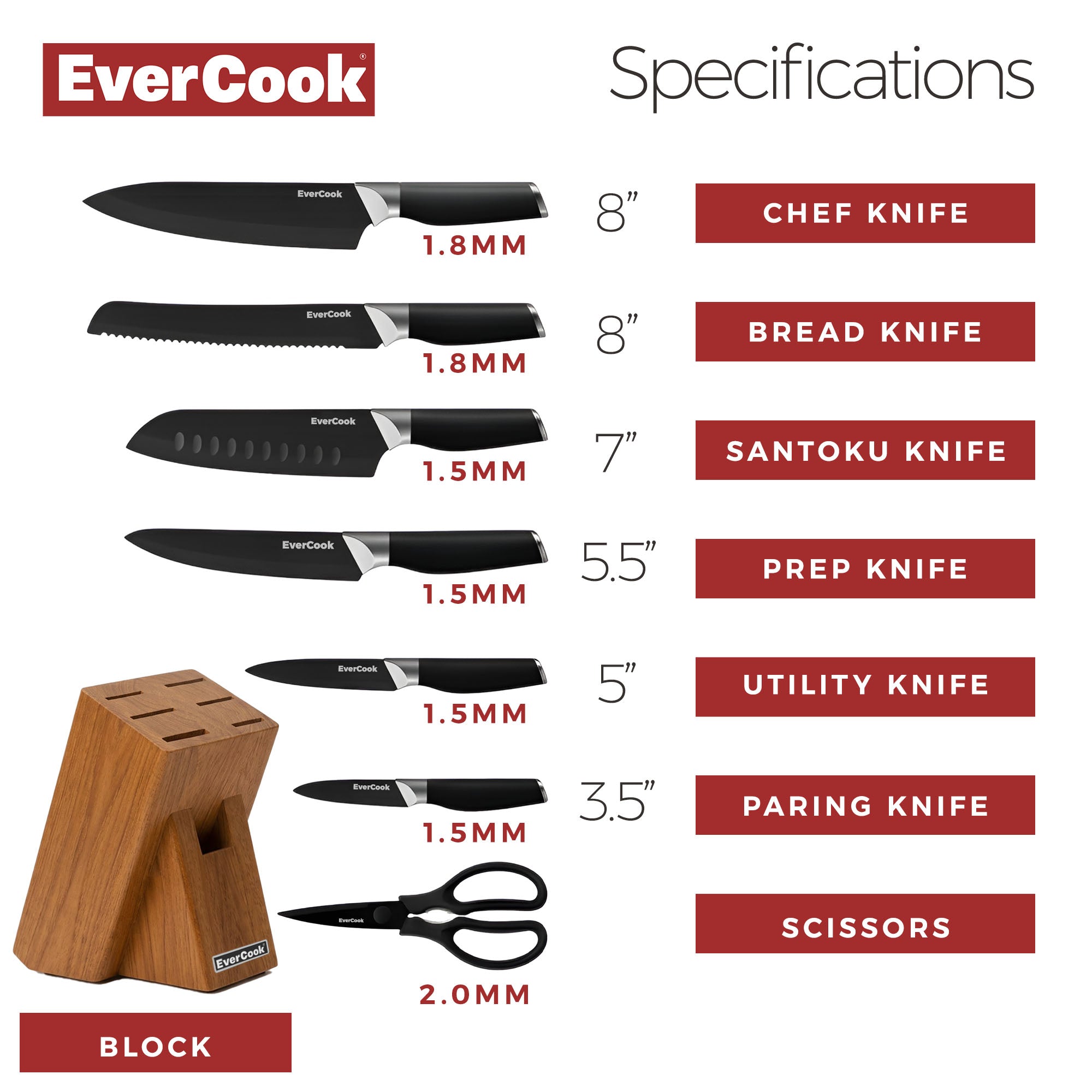 EverCook 8Pc Knife Block Set, Black Matte Blade, Black Handle, Acacia Wood Block - VMInnovations