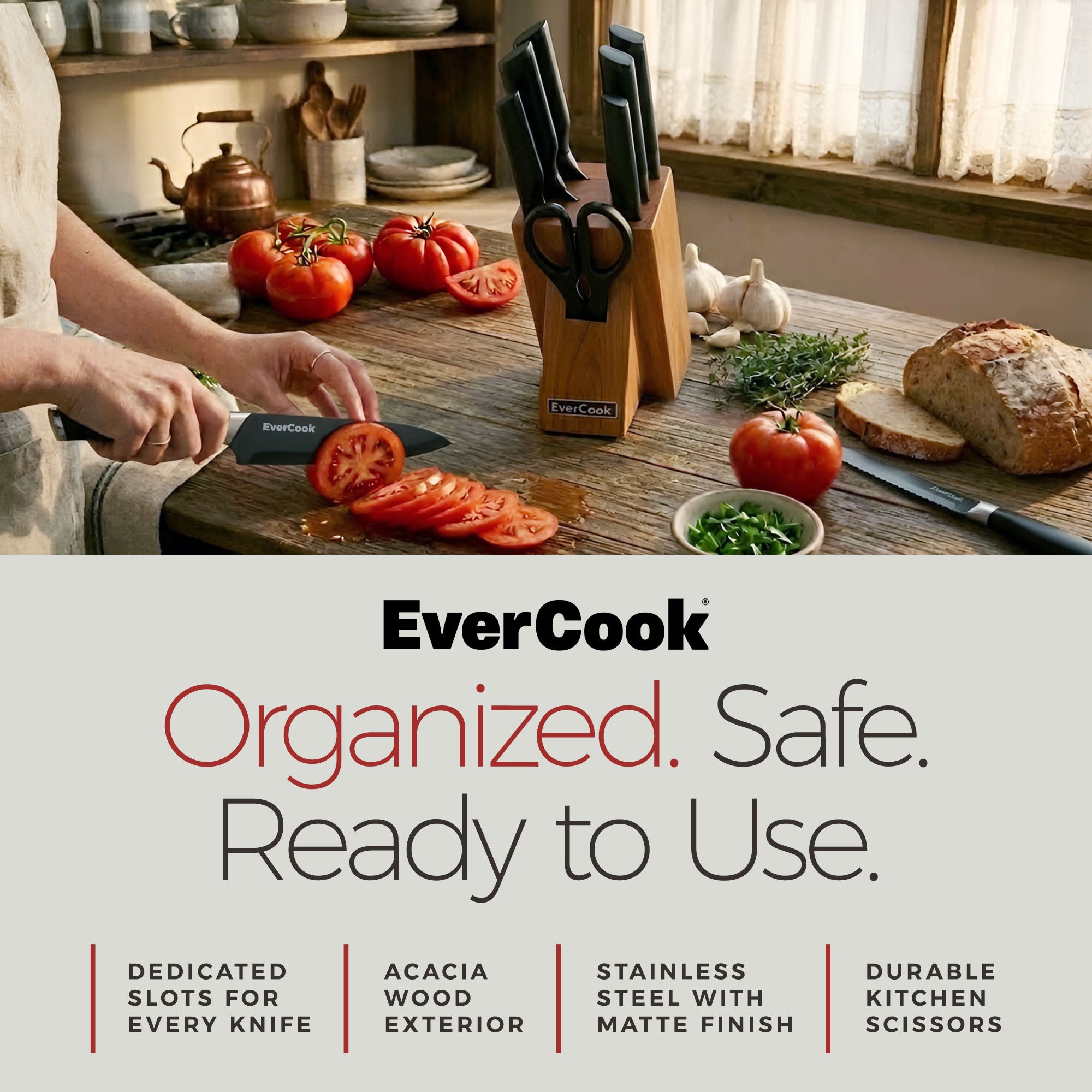 EverCook 8Pc Knife Block Set, Black Matte Blade, Black Handle, Acacia Wood Block - VMInnovations