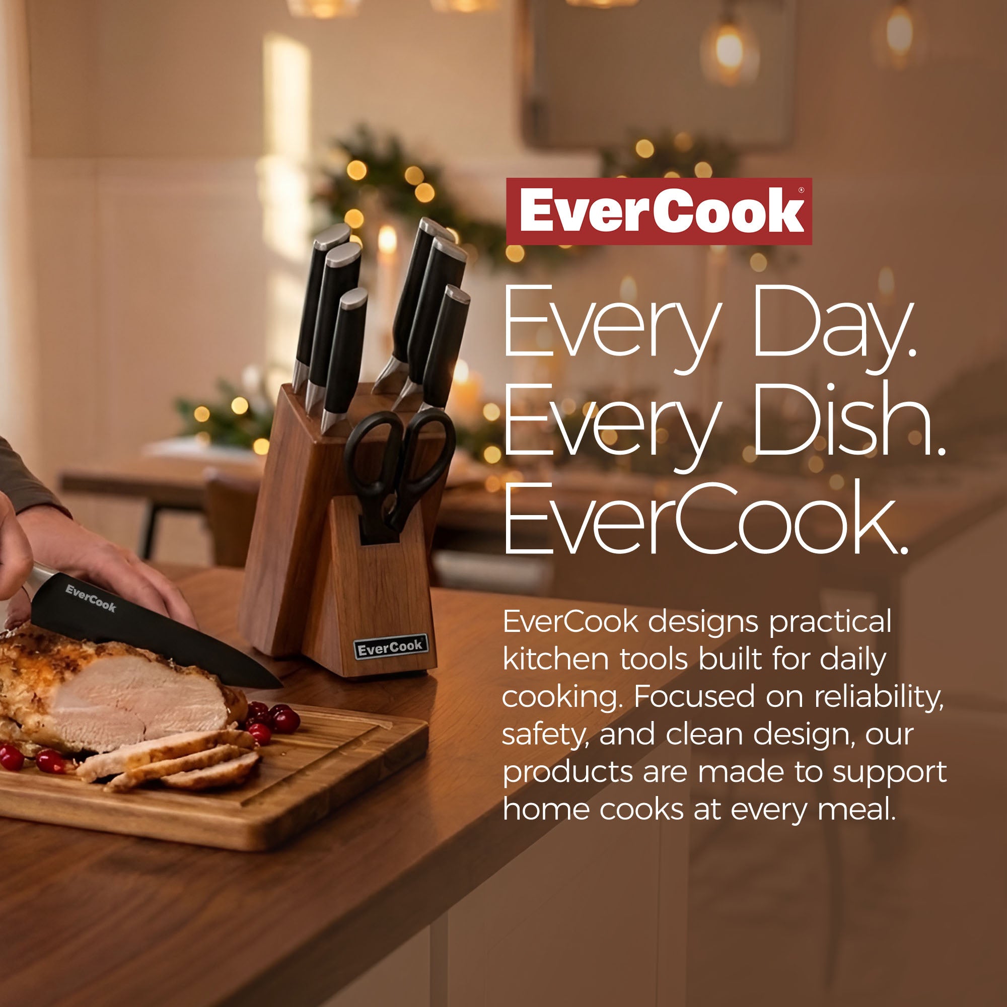 EverCook 8Pc Knife Block Set, Black Matte Blade, Black Handle, Acacia Wood Block - VMInnovations