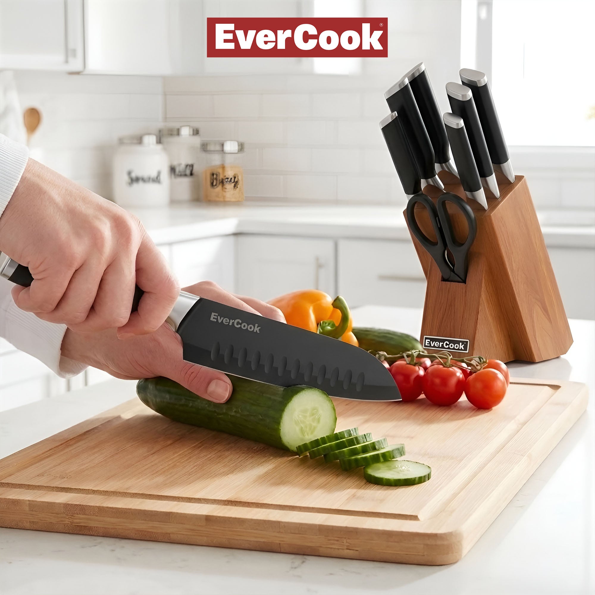 EverCook 8Pc Knife Block Set, Black Matte Blade, Black Handle, Acacia Wood Block - VMInnovations