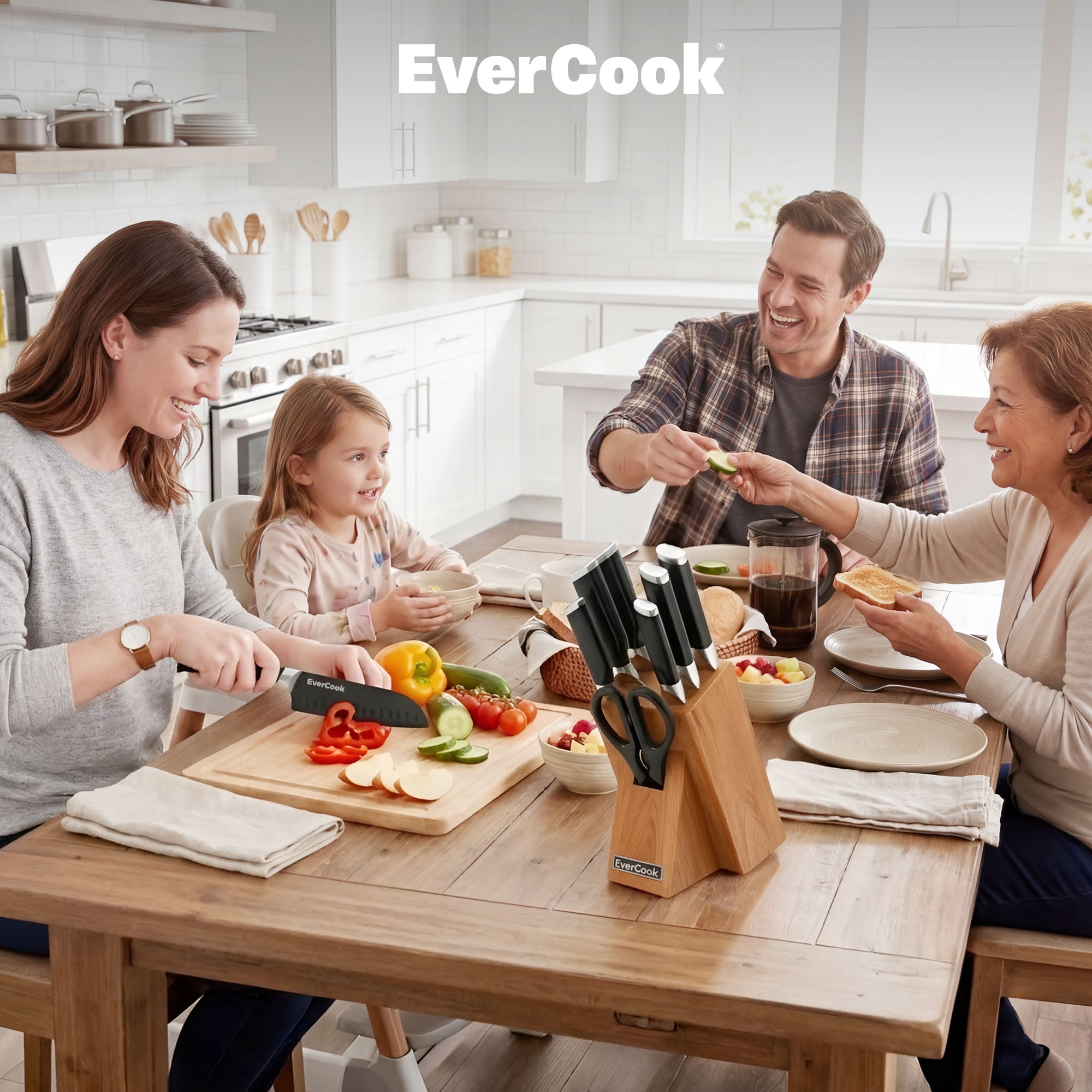 EverCook 8Pc Knife Block Set, Black Matte Blade, Black Handle, Acacia Wood Block - VMInnovations