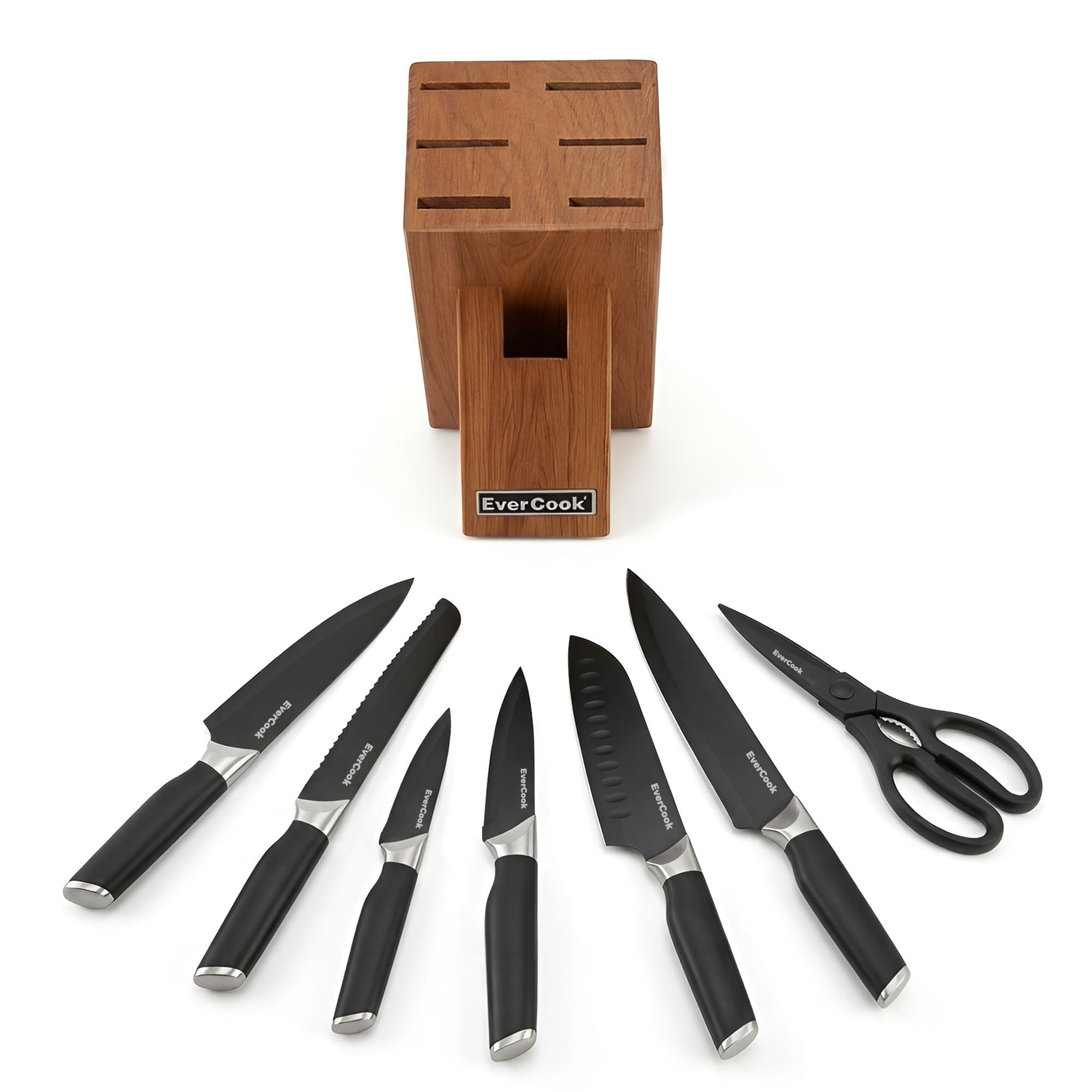 EverCook 8Pc Knife Block Set, Black Matte Blade, Black Handle, Acacia Wood Block - VMInnovations