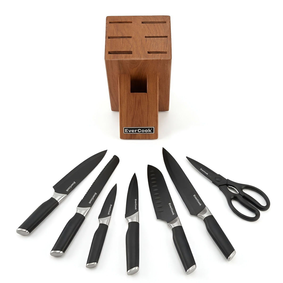 EverCook 8Pc Knife Block Set, Black Matte Blade, Black Handle, Acacia Wood Block - VMInnovations