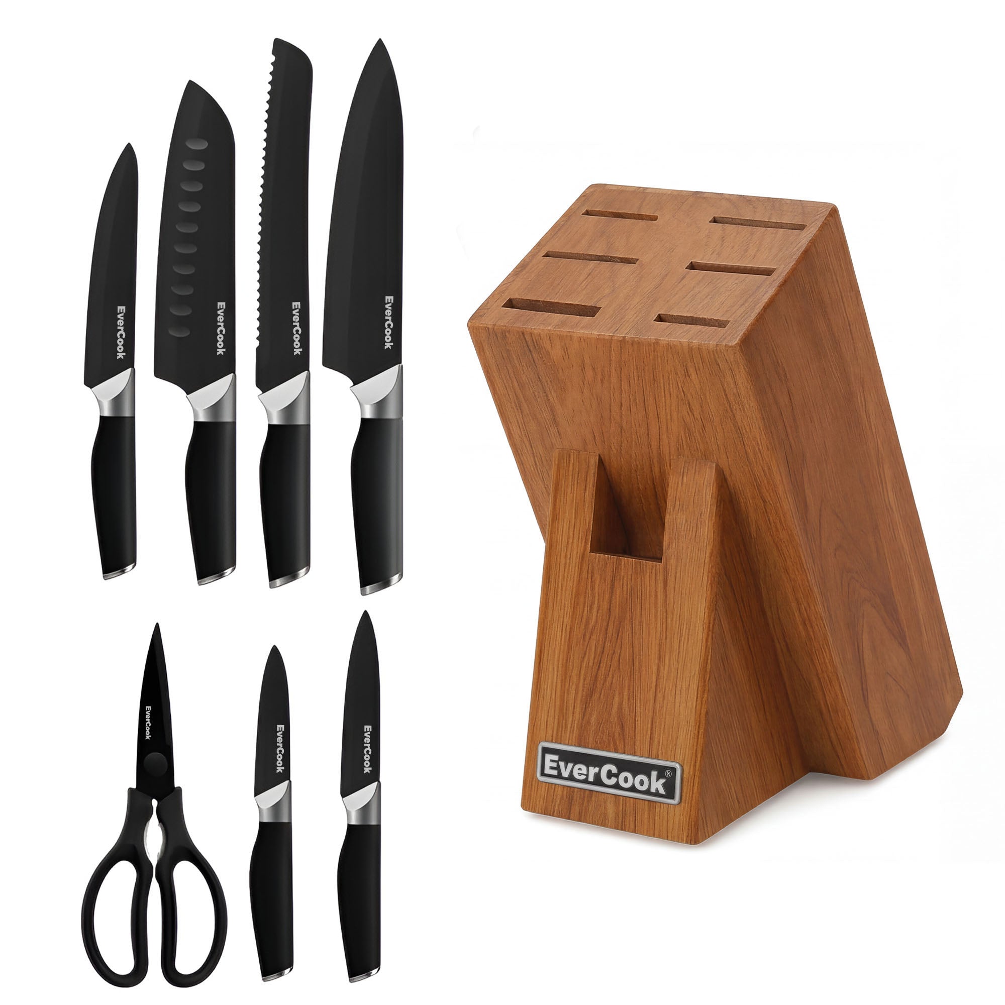 EverCook 8Pc Knife Block Set, Black Matte Blade, Black Handle, Acacia Wood Block - VMInnovations