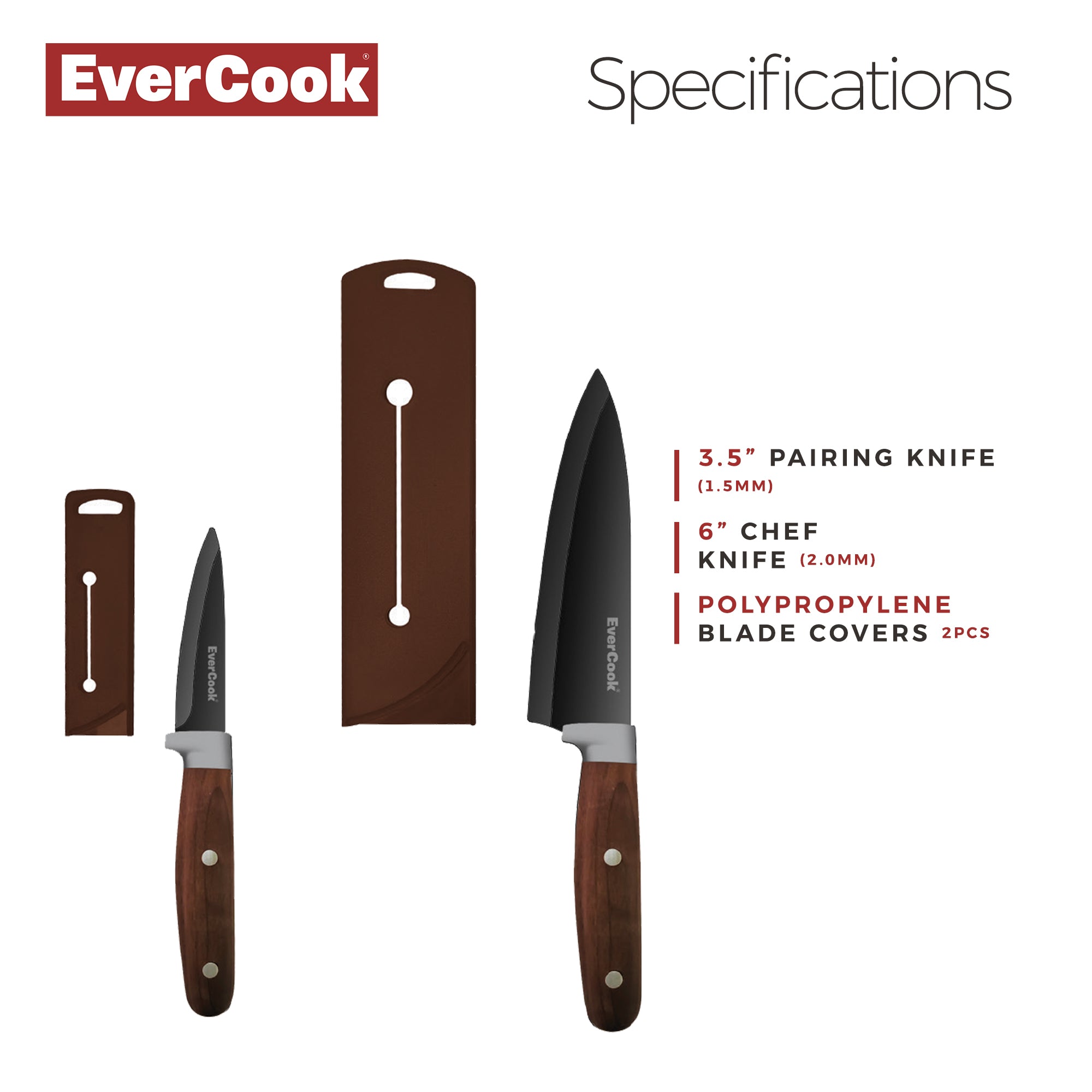 EverCook 4Pc Kitchen Knife Set w/ Blade Sheaths, 1.5/2 mm Black Stainless Steel