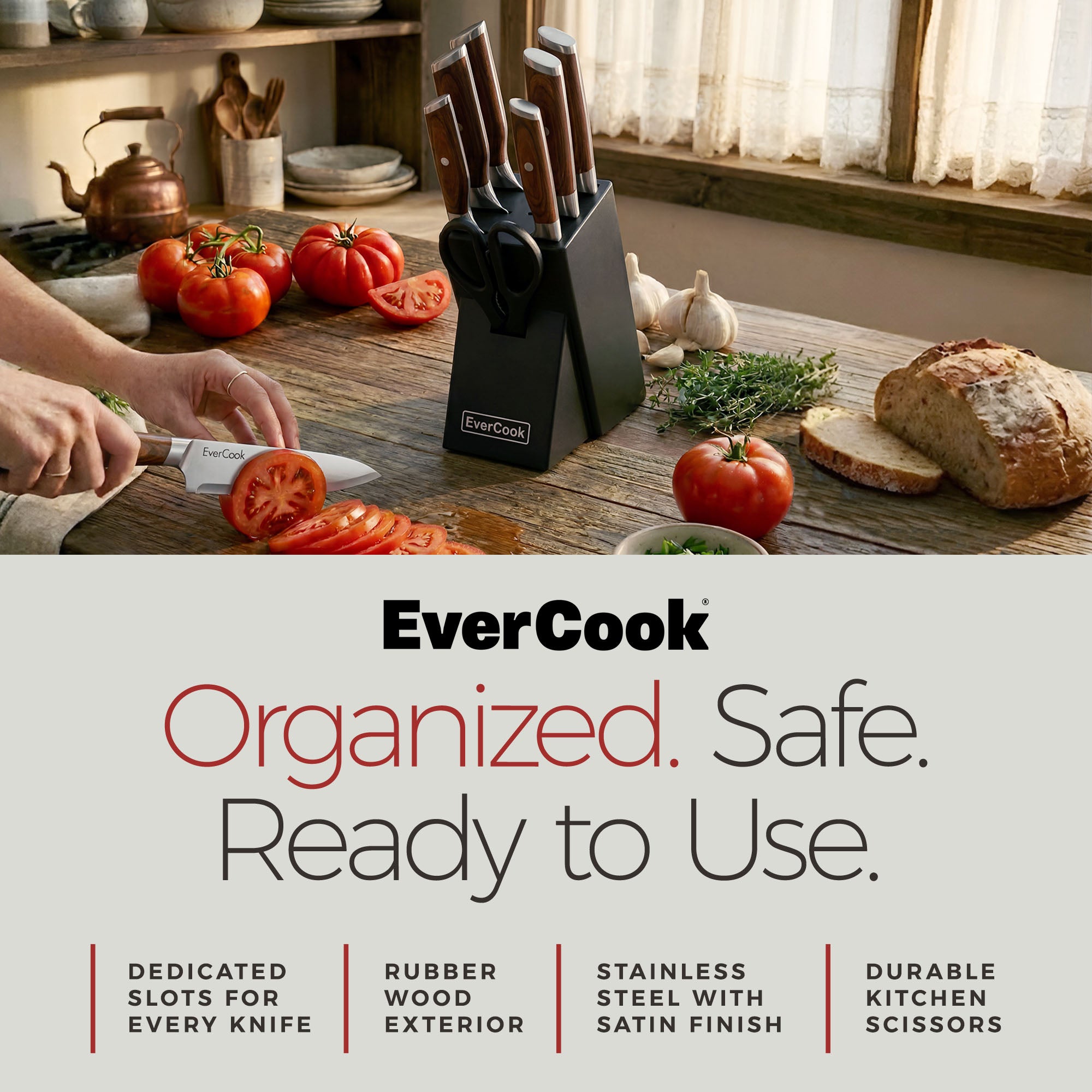 EverCook 8Pc Knife Block Set, Stainless Blade, Wood Handle, Rubberwood Block - VMInnovations