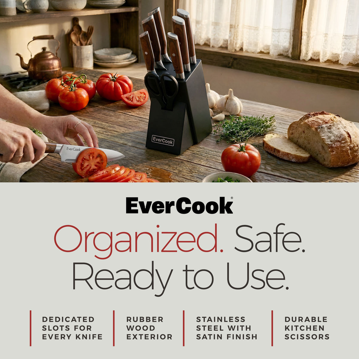 EverCook 8Pc Knife Block Set, Stainless Blade, Wood Handle, Rubberwood Block - VMInnovations