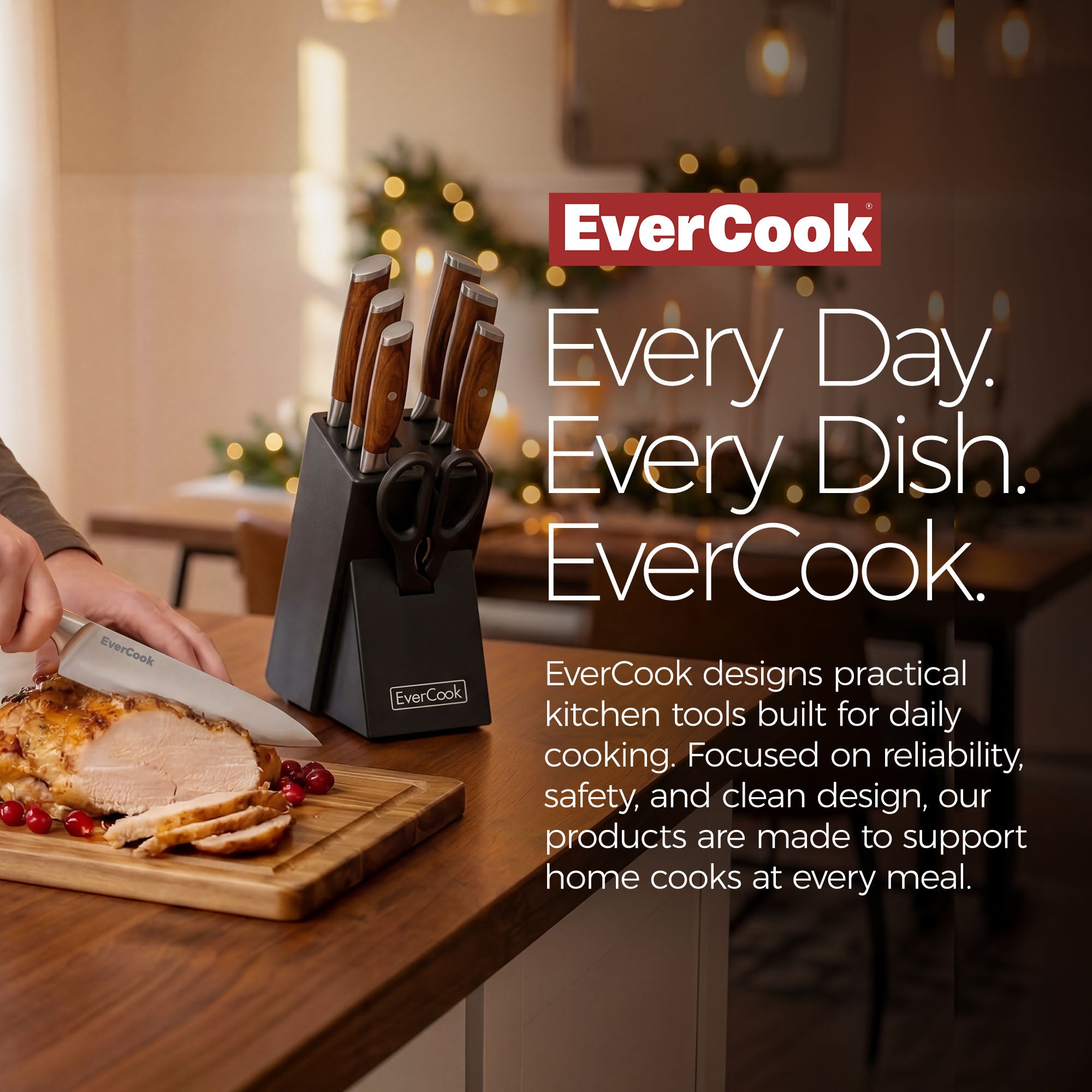 EverCook 8Pc Knife Block Set, Stainless Blade, Wood Handle, Rubberwood Block - VMInnovations
