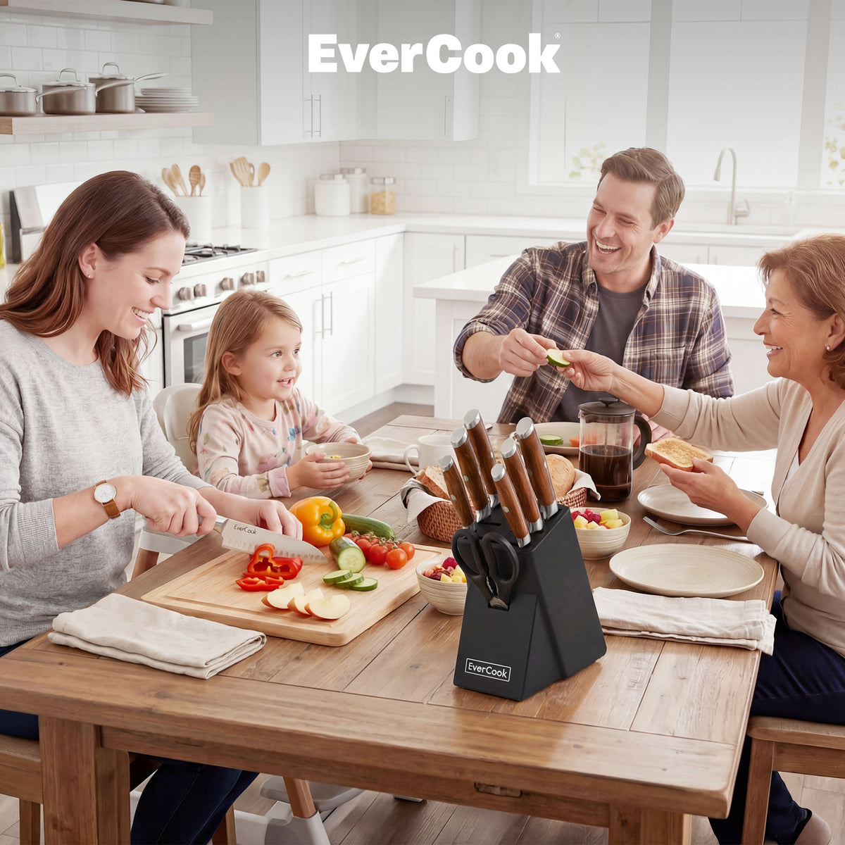 EverCook 8Pc Knife Block Set, Stainless Blade, Wood Handle, Rubberwood Block - VMInnovations