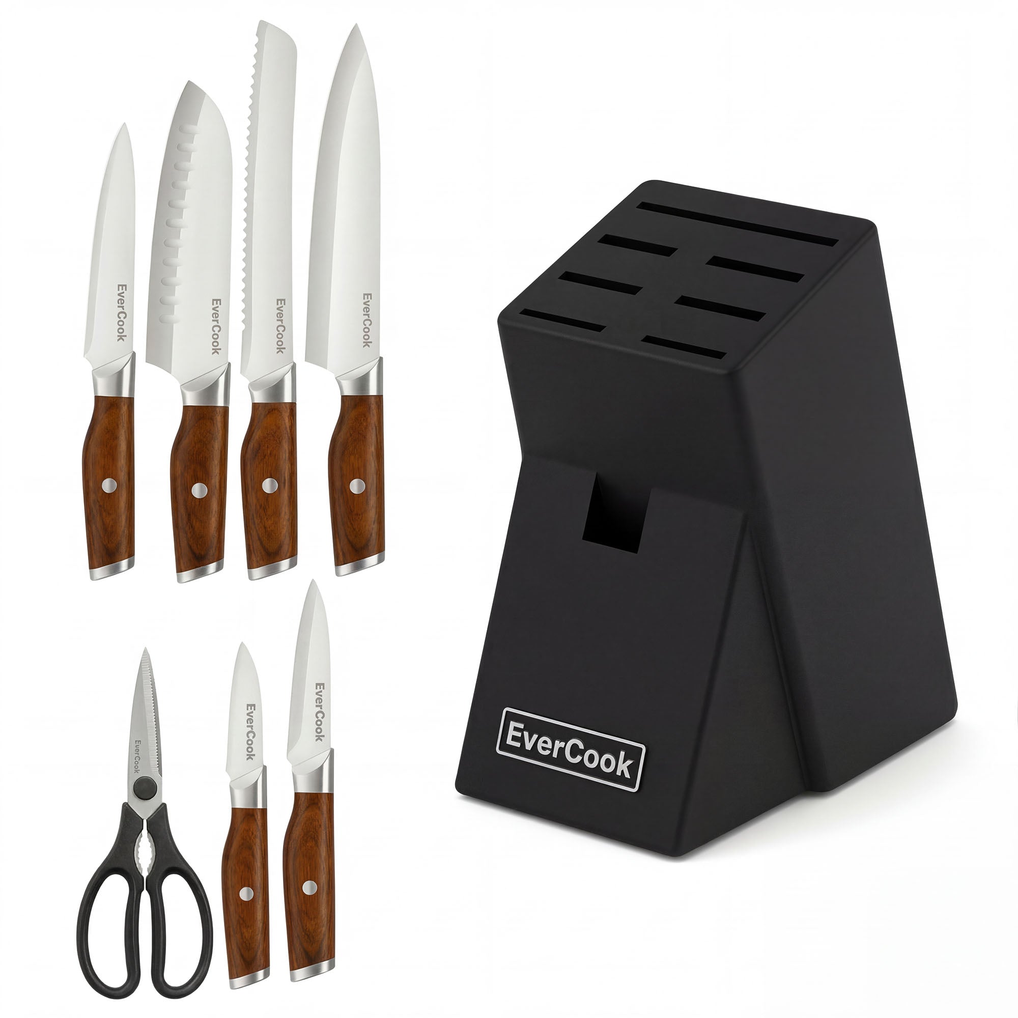 EverCook 8Pc Knife Block Set, Stainless Blade, Wood Handle, Rubberwood Block - VMInnovations