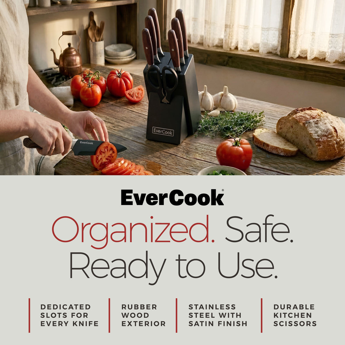 EverCook 8Pc Knife Block Set, Black Matte Blade, Rubberwood Block (Open Box)