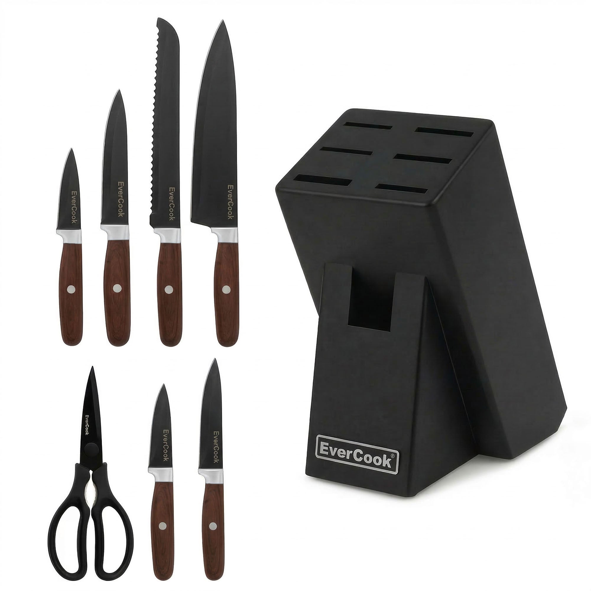 EverCook 8Pc Knife Block Set, Black Matte Blade, Wood Handle, Rubberwood Block - VMInnovations