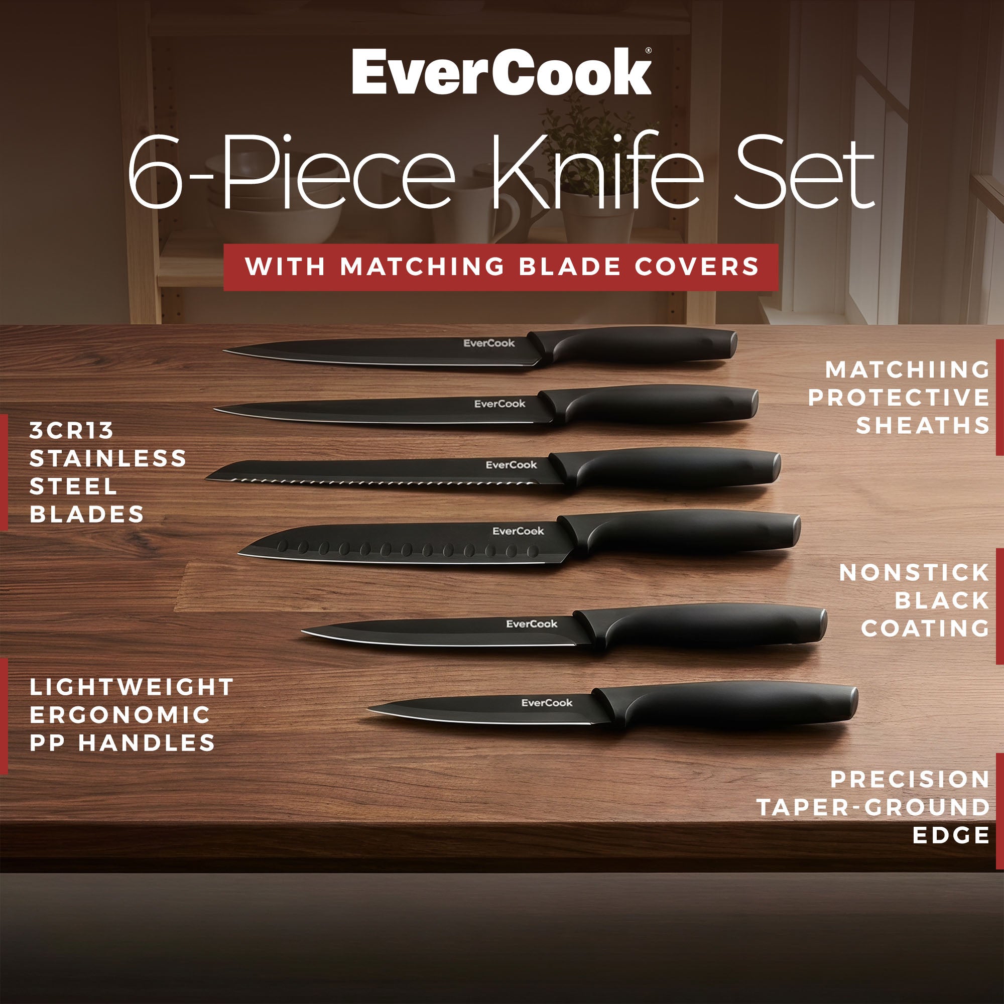 EverCook 12-Piece Kitchen Knife Set with Blade Sheaths, Stainless Steel, Black - VMInnovations