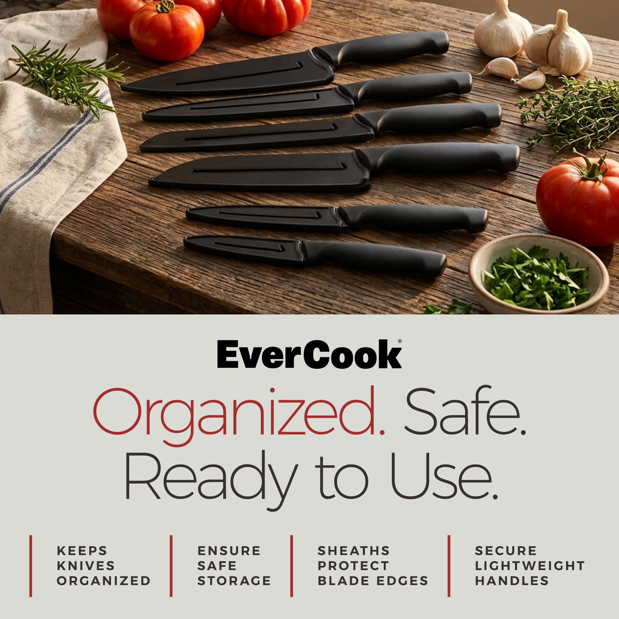 EverCook 12-Piece Kitchen Knife Set with Blade Sheaths, Stainless Steel, Black - VMInnovations