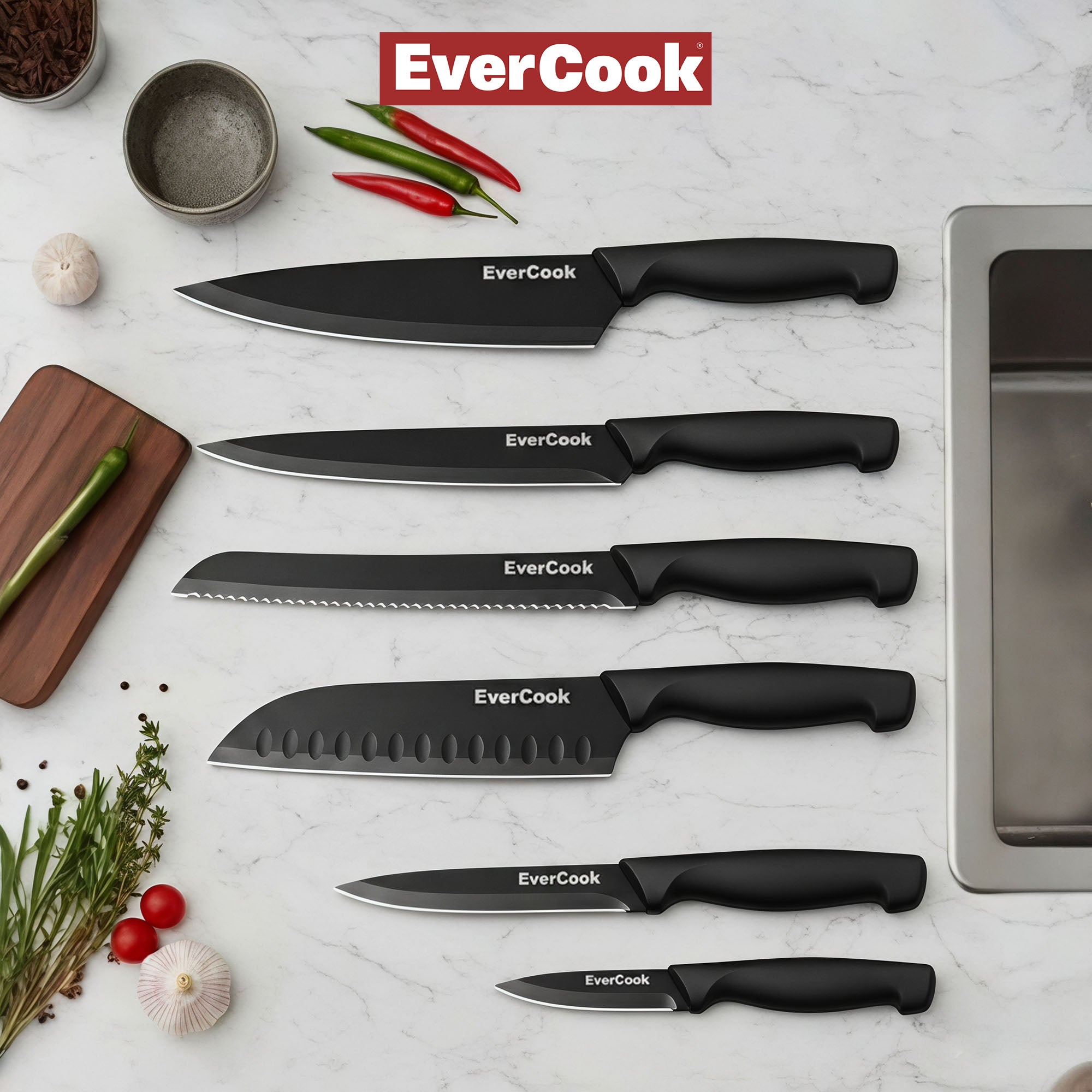 EverCook 12-Piece Kitchen Knife Set with Blade Sheaths, Stainless Steel, Black - VMInnovations