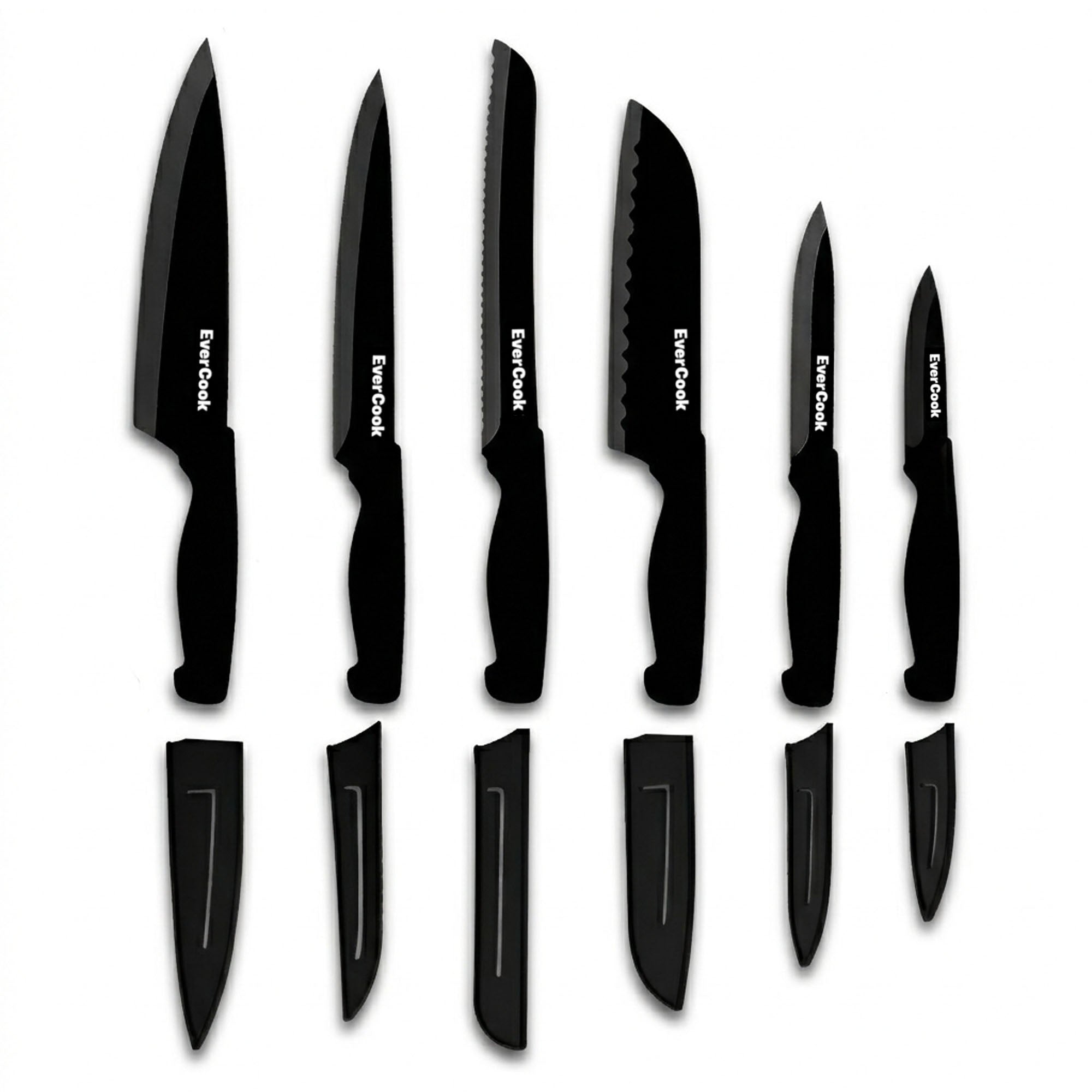 EverCook 12-Piece Kitchen Knife Set with Blade Sheaths, Stainless Steel, Black - VMInnovations
