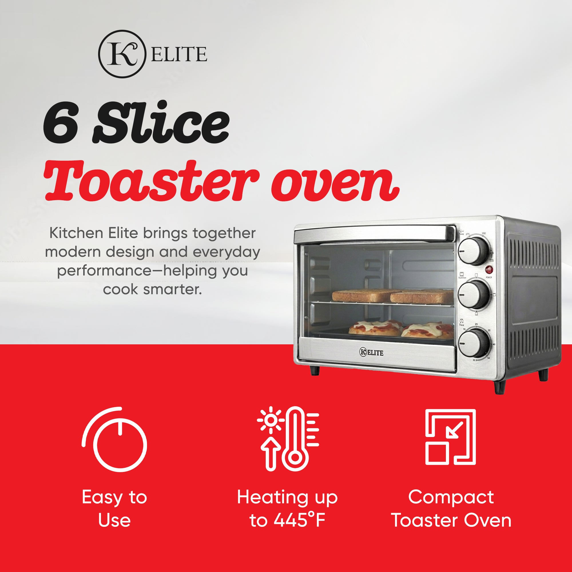 Kitchen Elite 6-Slice Compact Countertop Toaster Oven, Stainless Tray (Used)