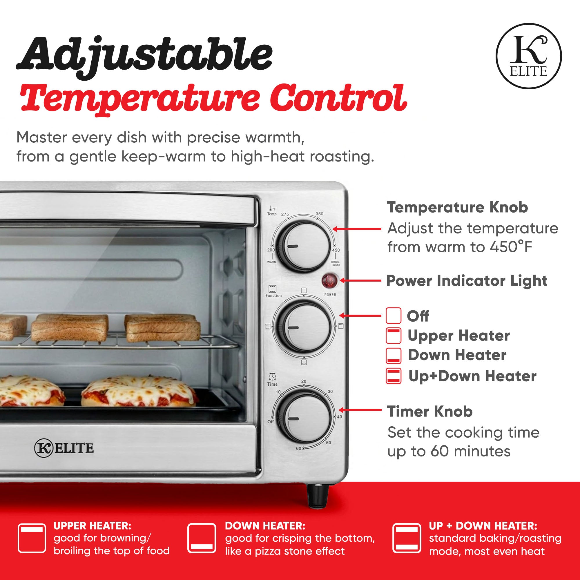 Kitchen Elite Compact Countertop Toaster Oven with Stainless Steel Tray, Silver