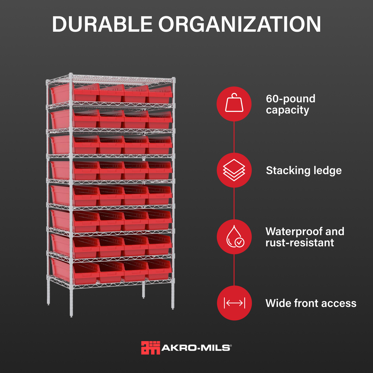 Akro-Mils 6 Pack AkroBins Plastic Storage Bins, Space-Saving Organizers, Red